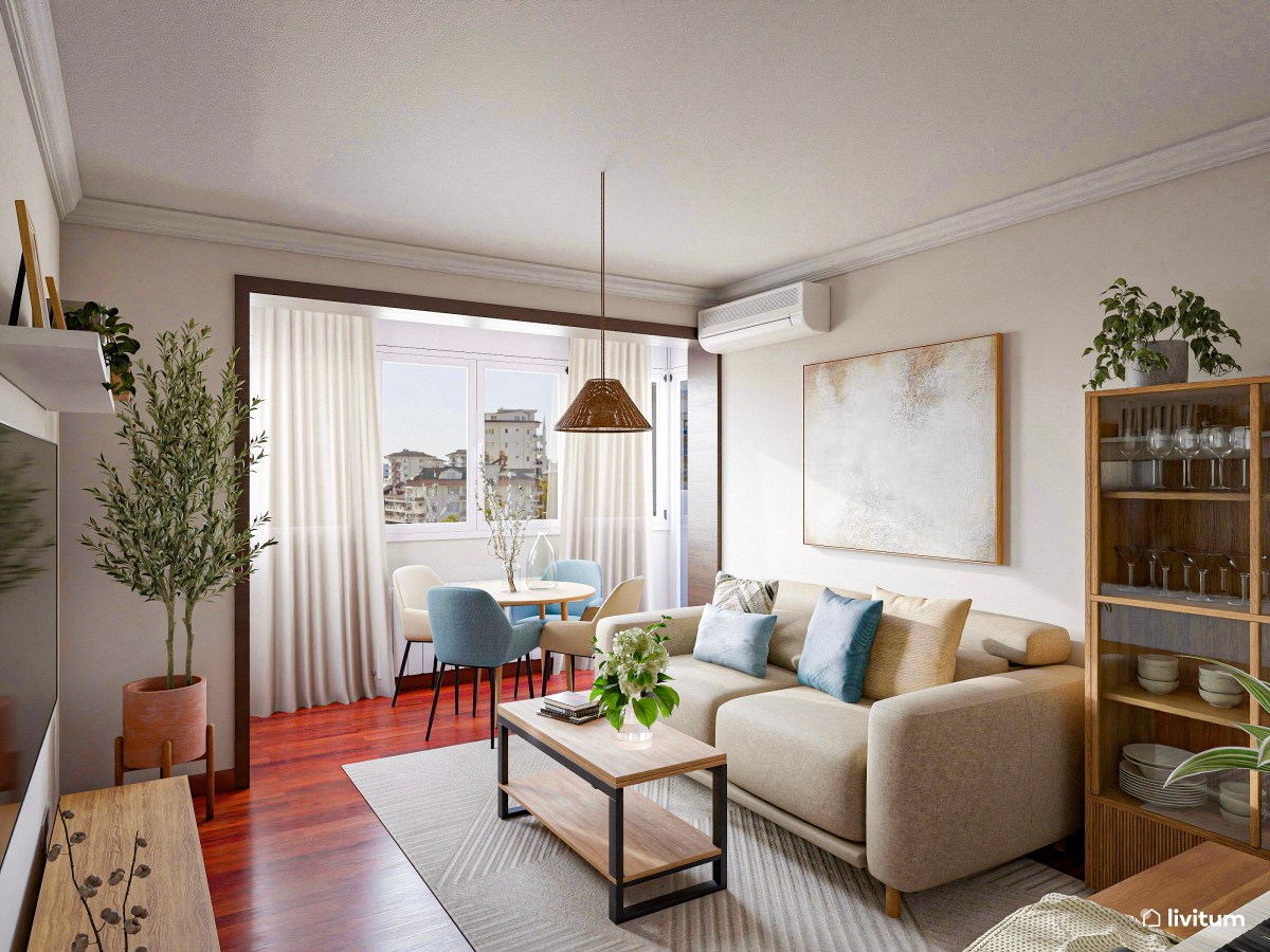Salón comedor de tan solo 17 m² y suelo oscuro
