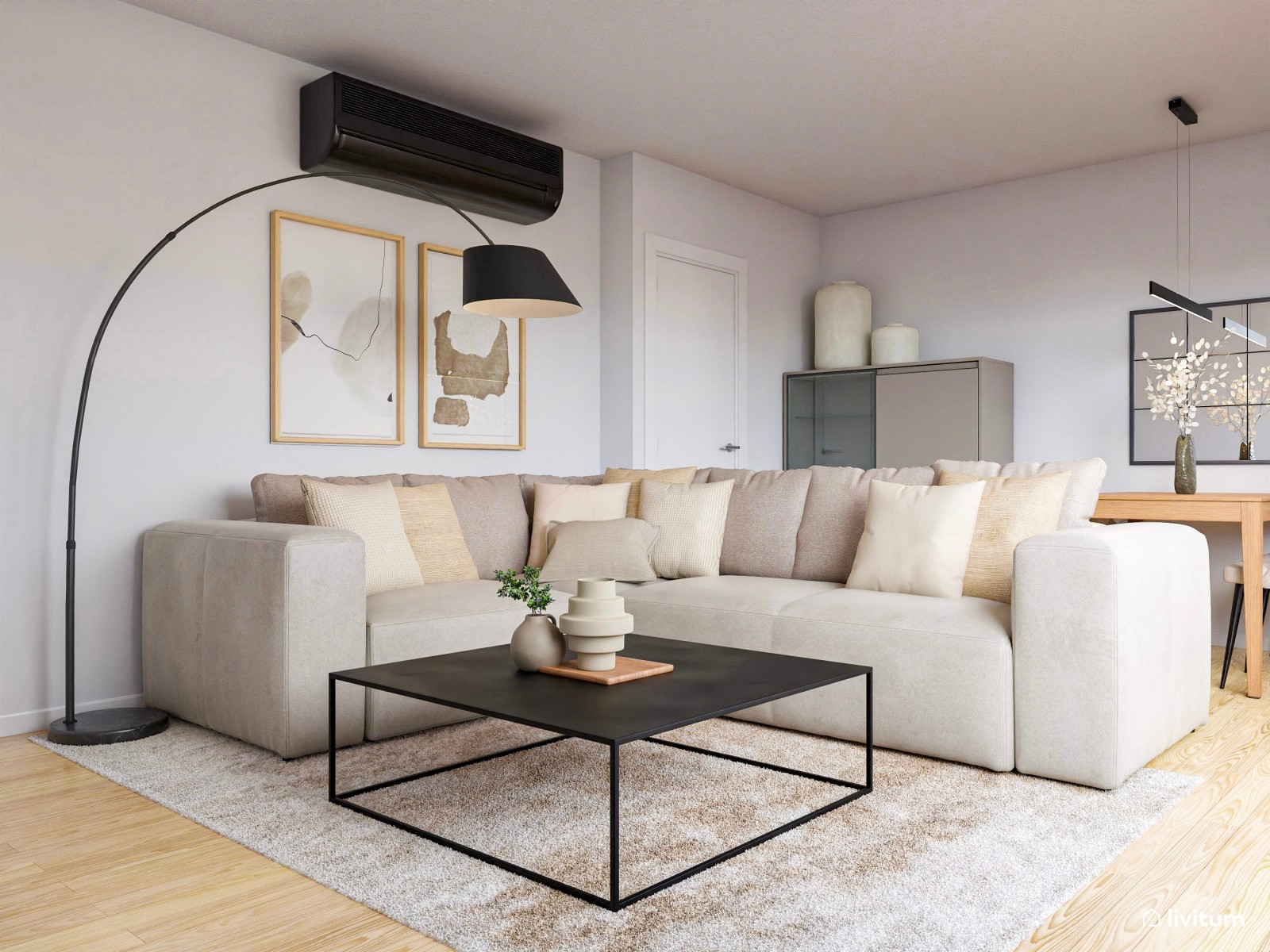 Salón comedor de tonos neutros con pinceladas en negro