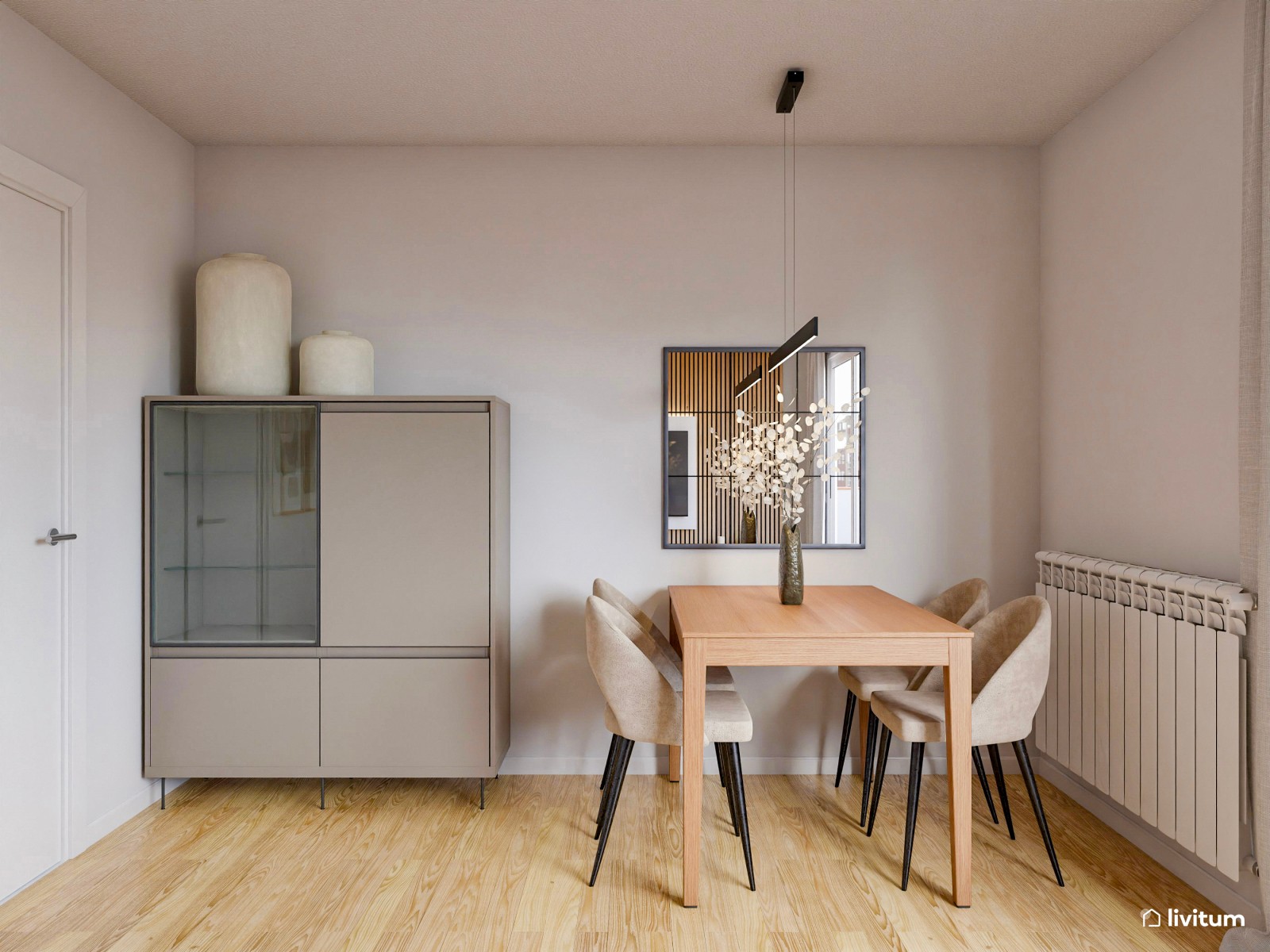 Salón comedor de tonos neutros con pinceladas en negro