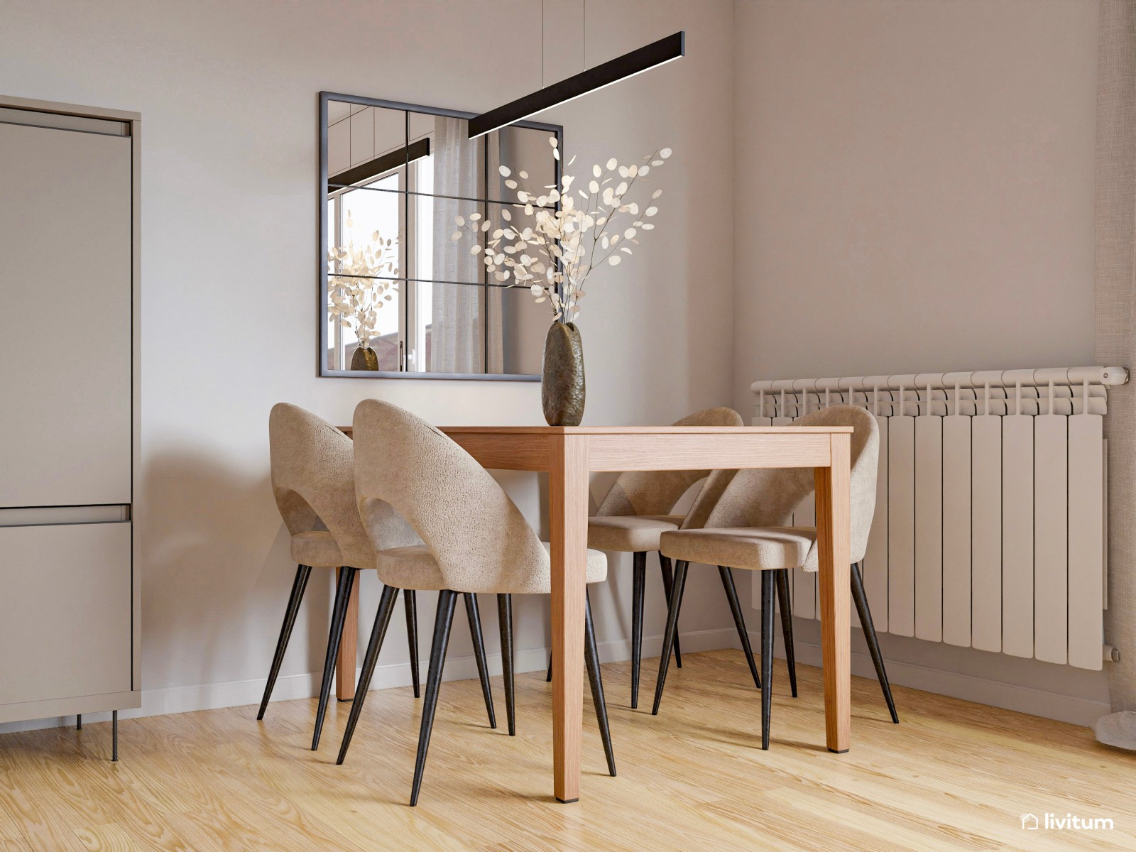Salón comedor de tonos neutros con pinceladas en negro