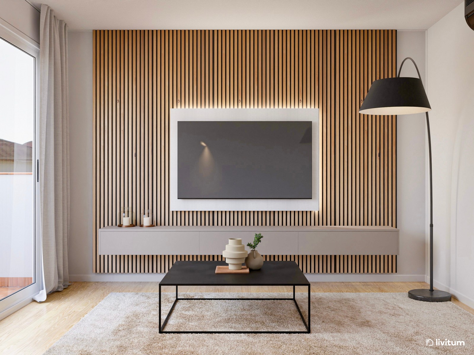Salón comedor de tonos neutros con pinceladas en negro