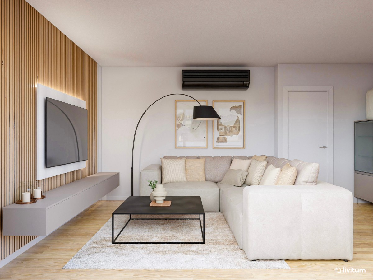 Salón comedor de tonos neutros con pinceladas en negro