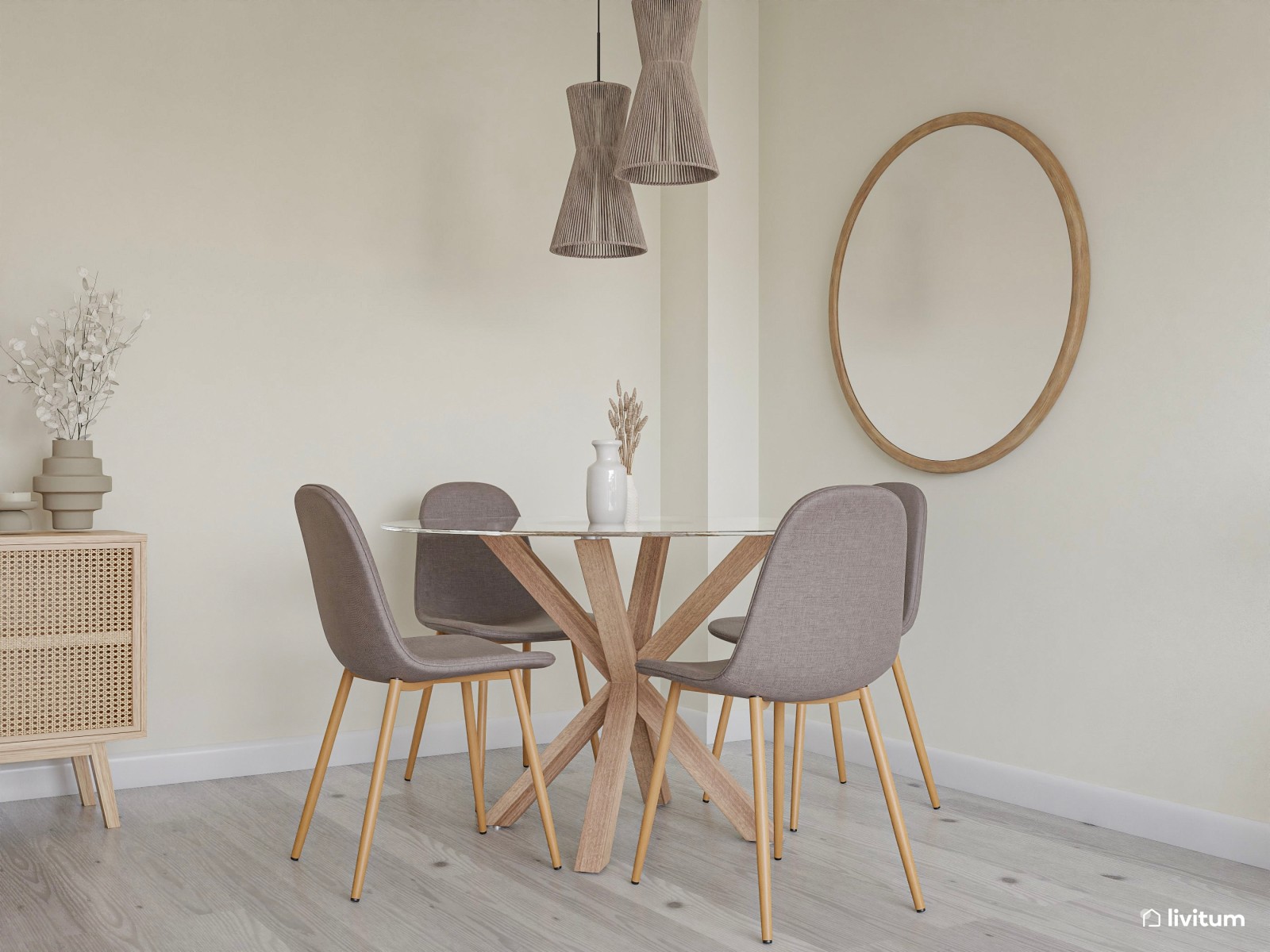 Salón comedor de tonos suaves con detalles naturales