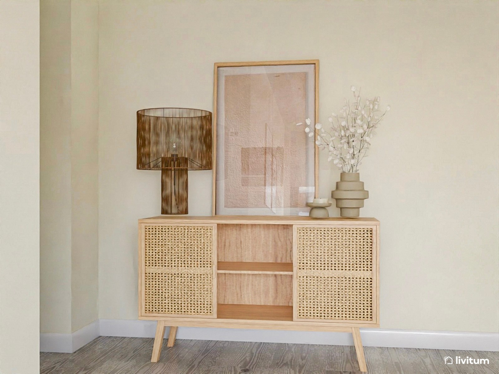 Salón comedor de tonos suaves con detalles naturales