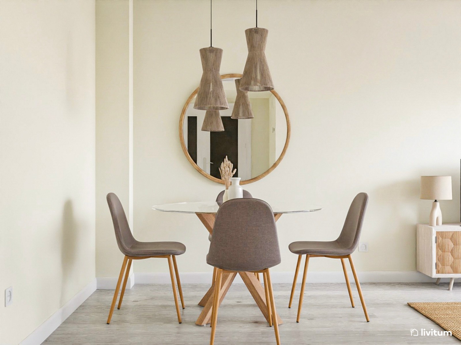 Salón comedor de tonos suaves con detalles naturales