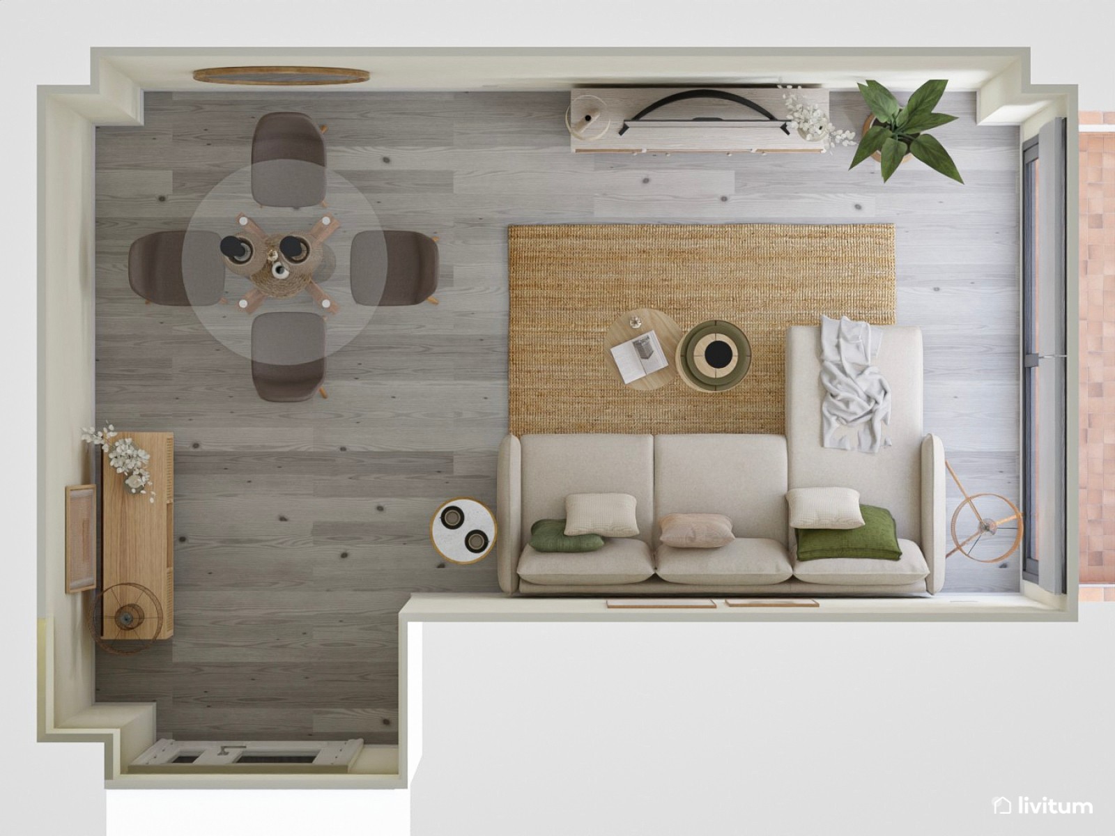 Salón comedor de tonos suaves con detalles naturales
