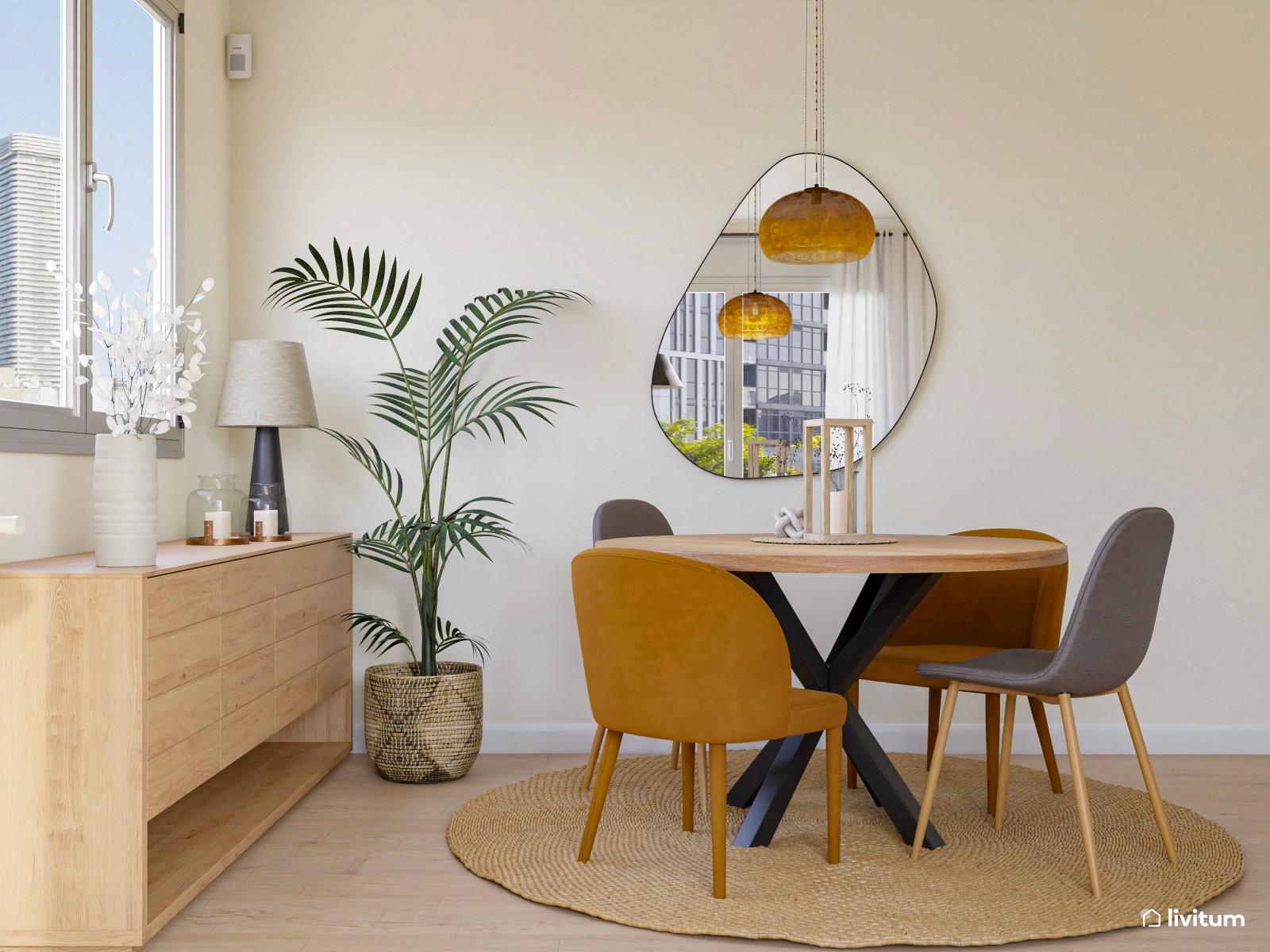 Salón comedor de tonos terrosos, muy elegante y relajado