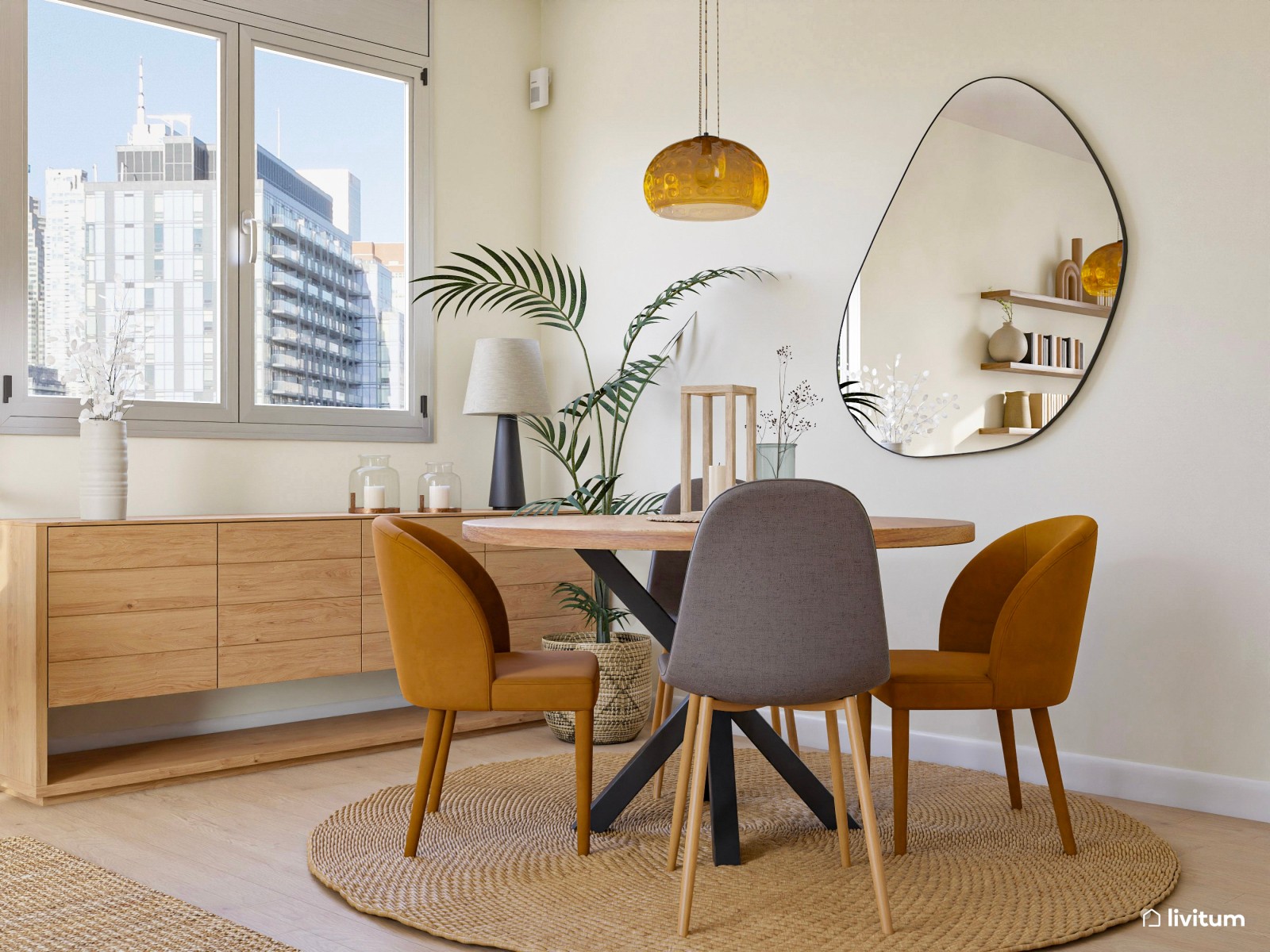 Salón comedor de tonos terrosos, muy elegante y relajado
