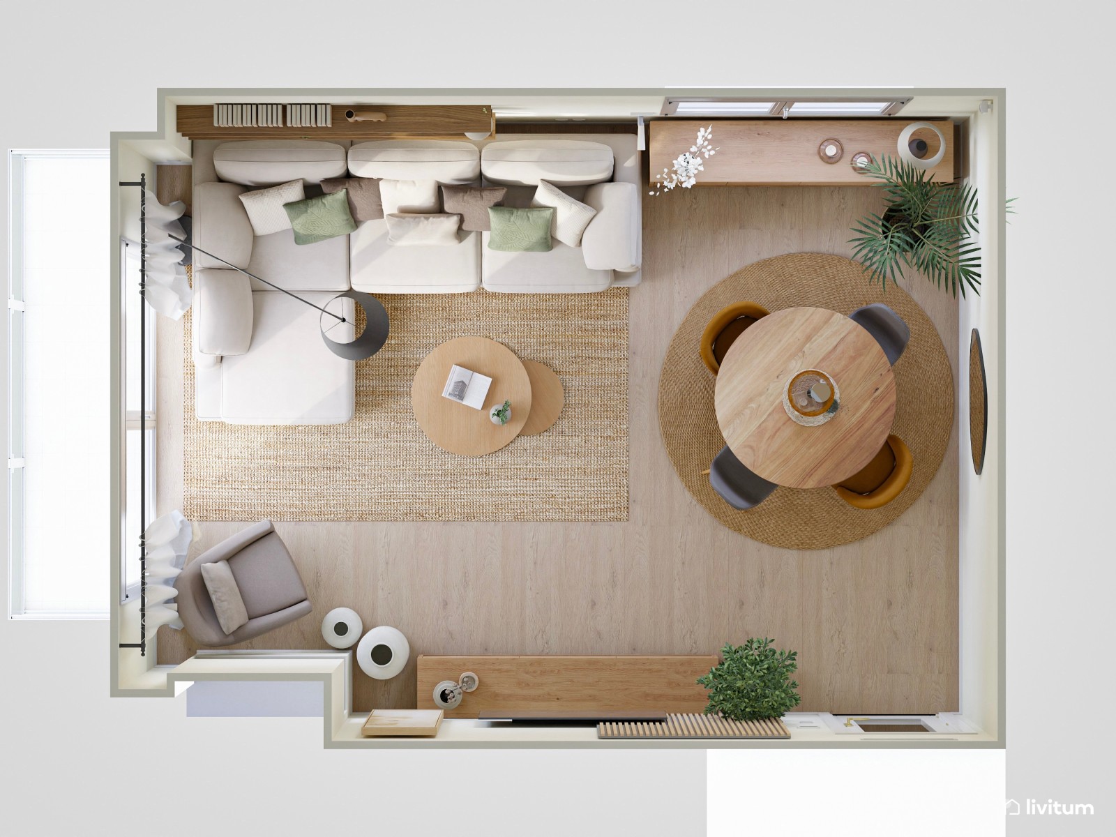 Salón comedor de tonos terrosos, muy elegante y relajado