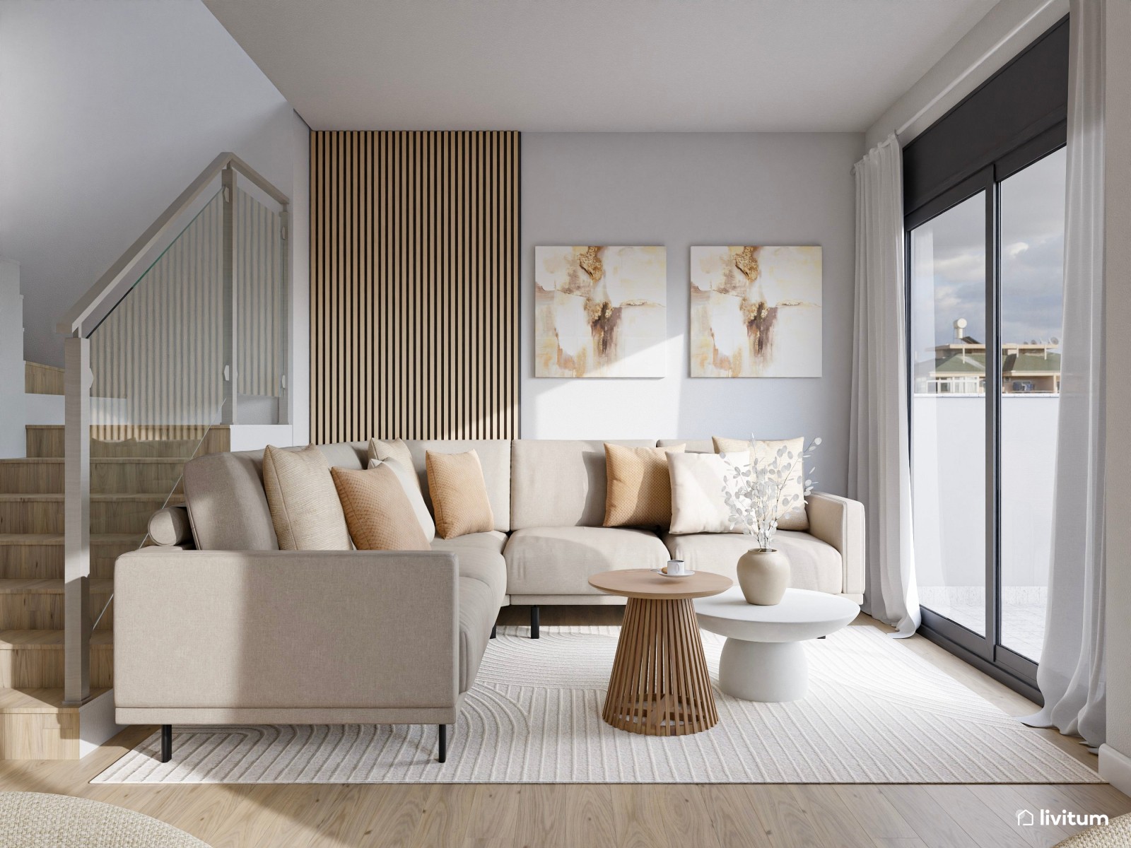 Salón comedor de tonos tierra con listones de madera de 25 m² 