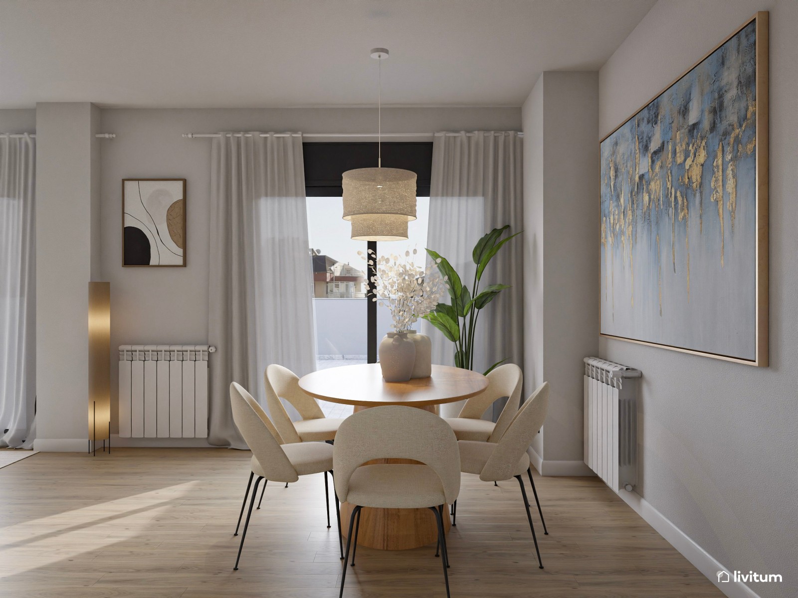 Salón comedor de tonos tierra con listones de madera de 25 m² 