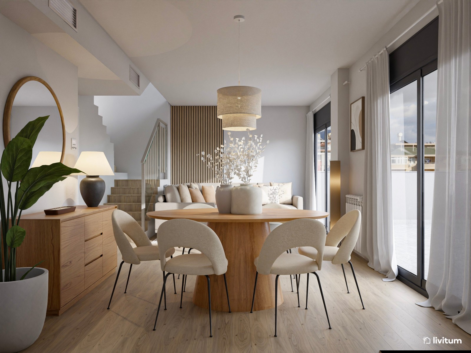 Salón comedor de tonos tierra con listones de madera de 25 m² 