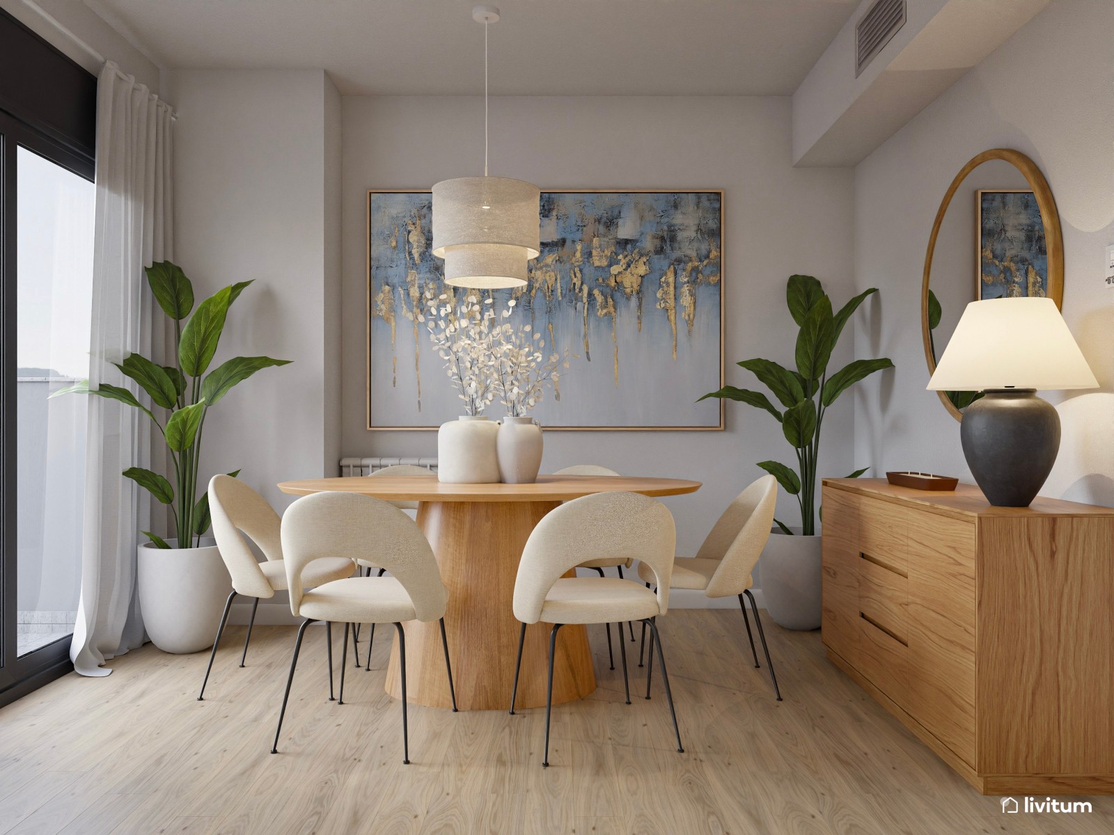 Salón comedor de tonos tierra con listones de madera de 25 m² 