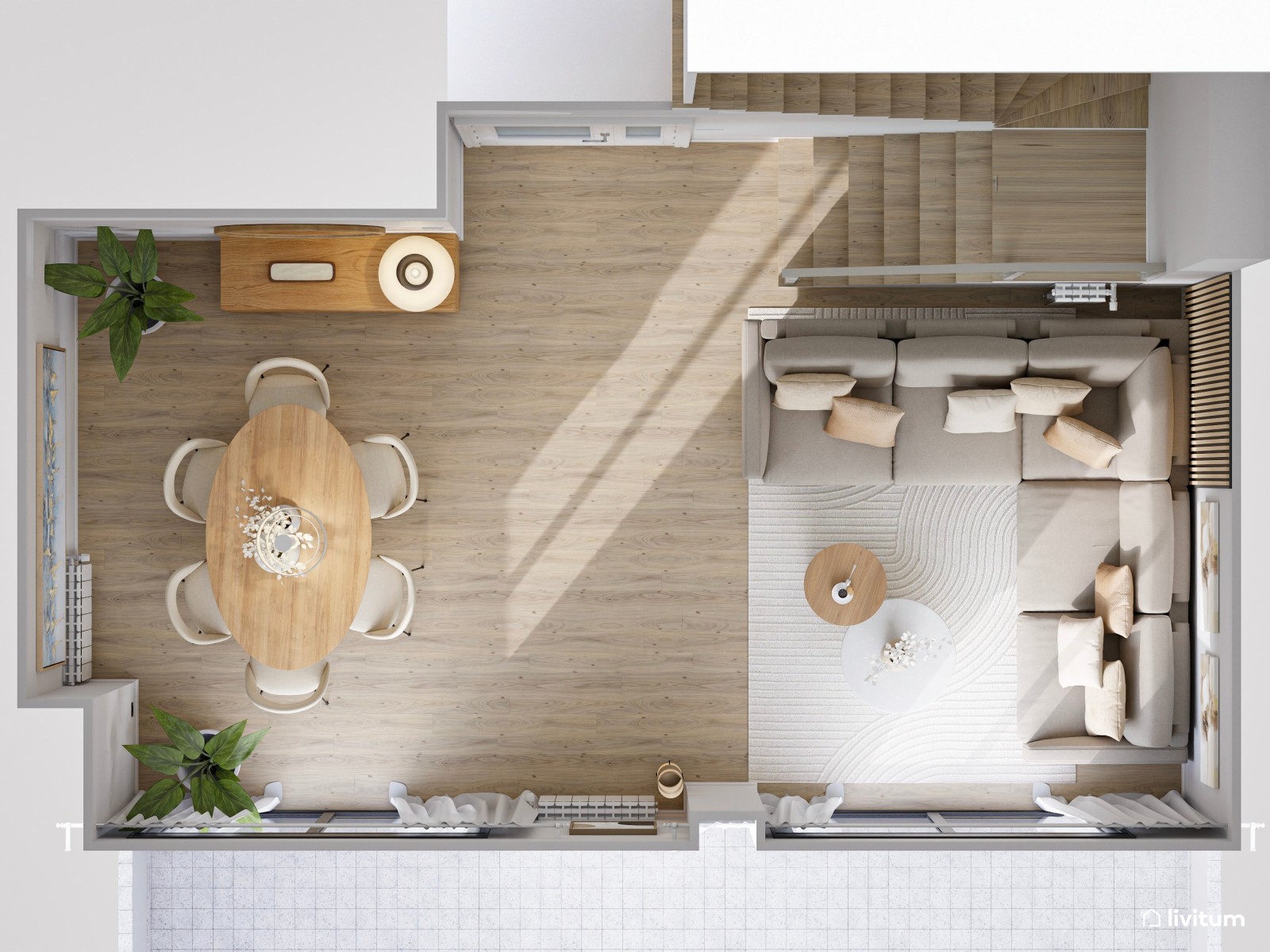 Salón comedor de tonos tierra con listones de madera de 25 m² 