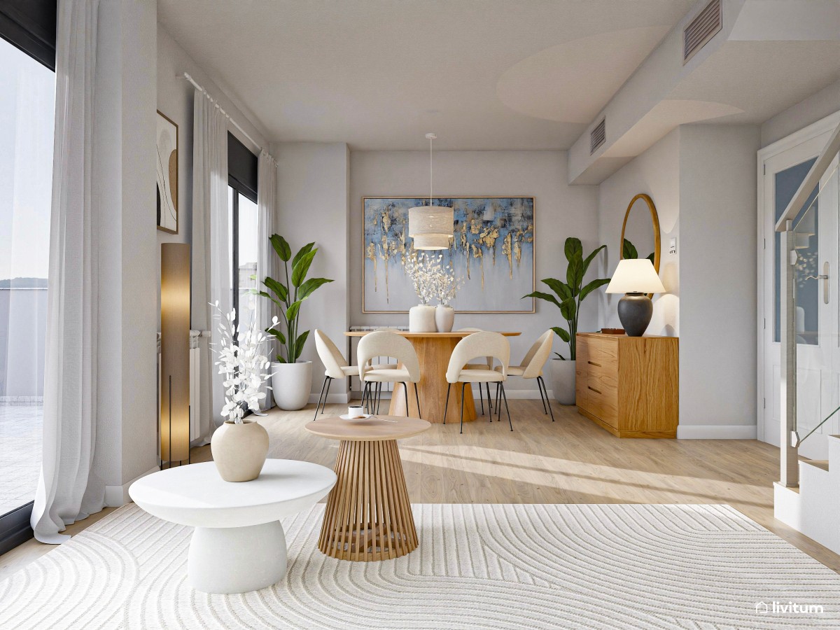 Salón comedor de tonos tierra con listones de madera de 25 m²