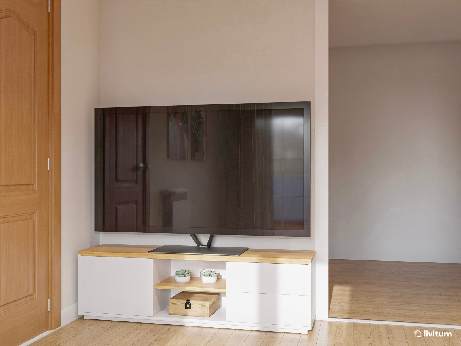 Salón comedor de tonos tierra con listones de madera