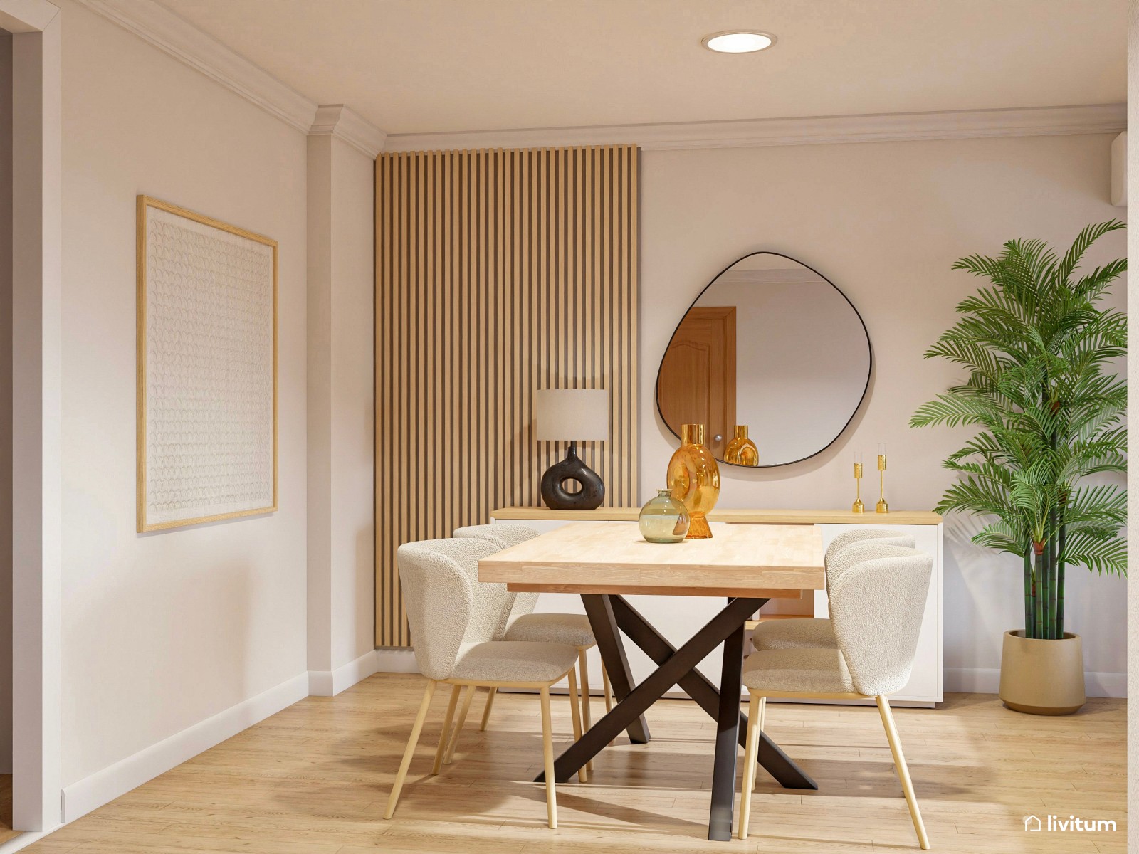 Salón comedor de tonos tierra con listones de madera