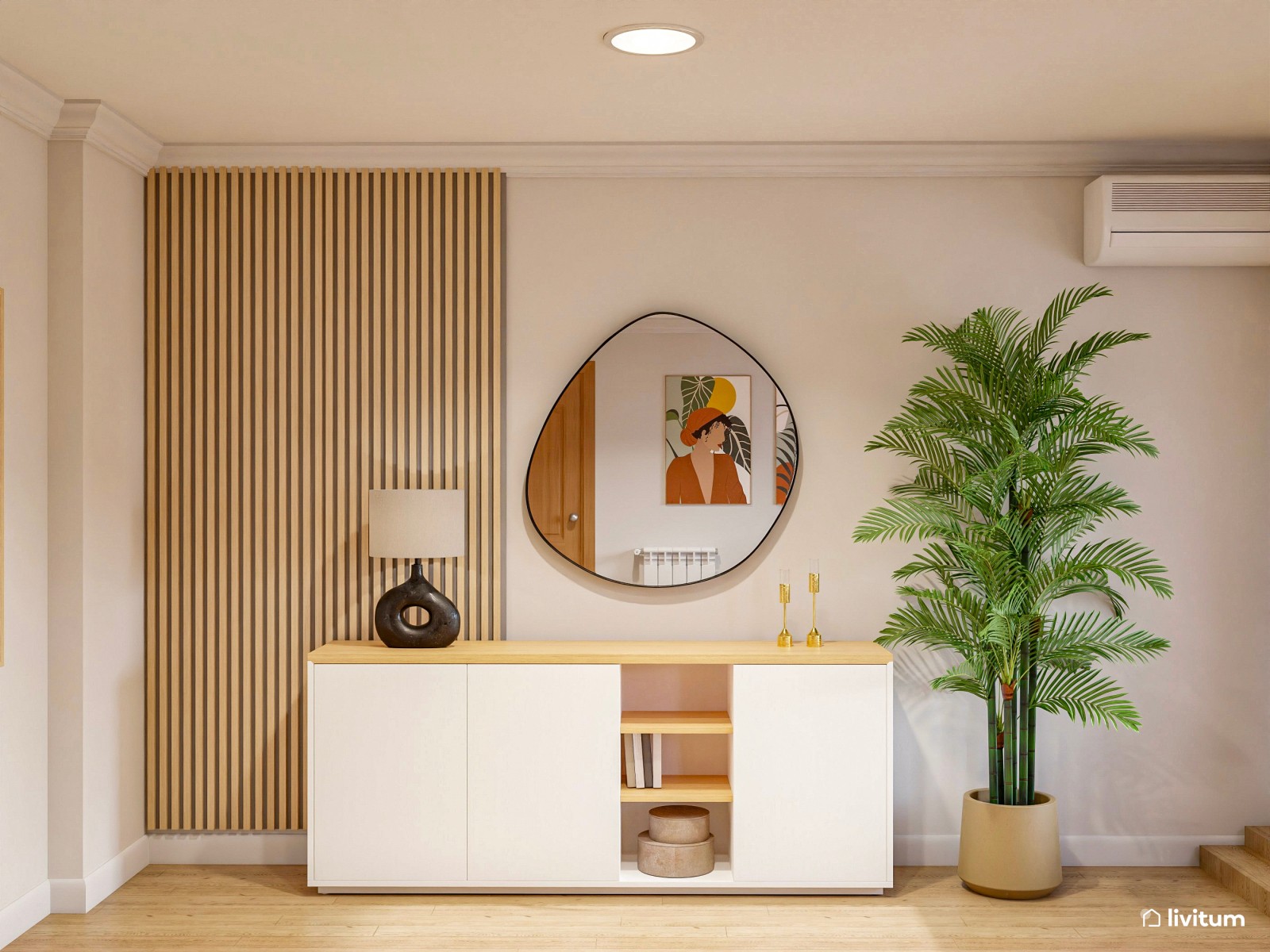 Salón comedor de tonos tierra con listones de madera