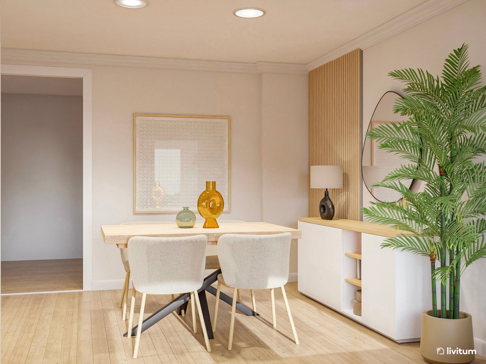 Salón comedor de tonos tierra con listones de madera