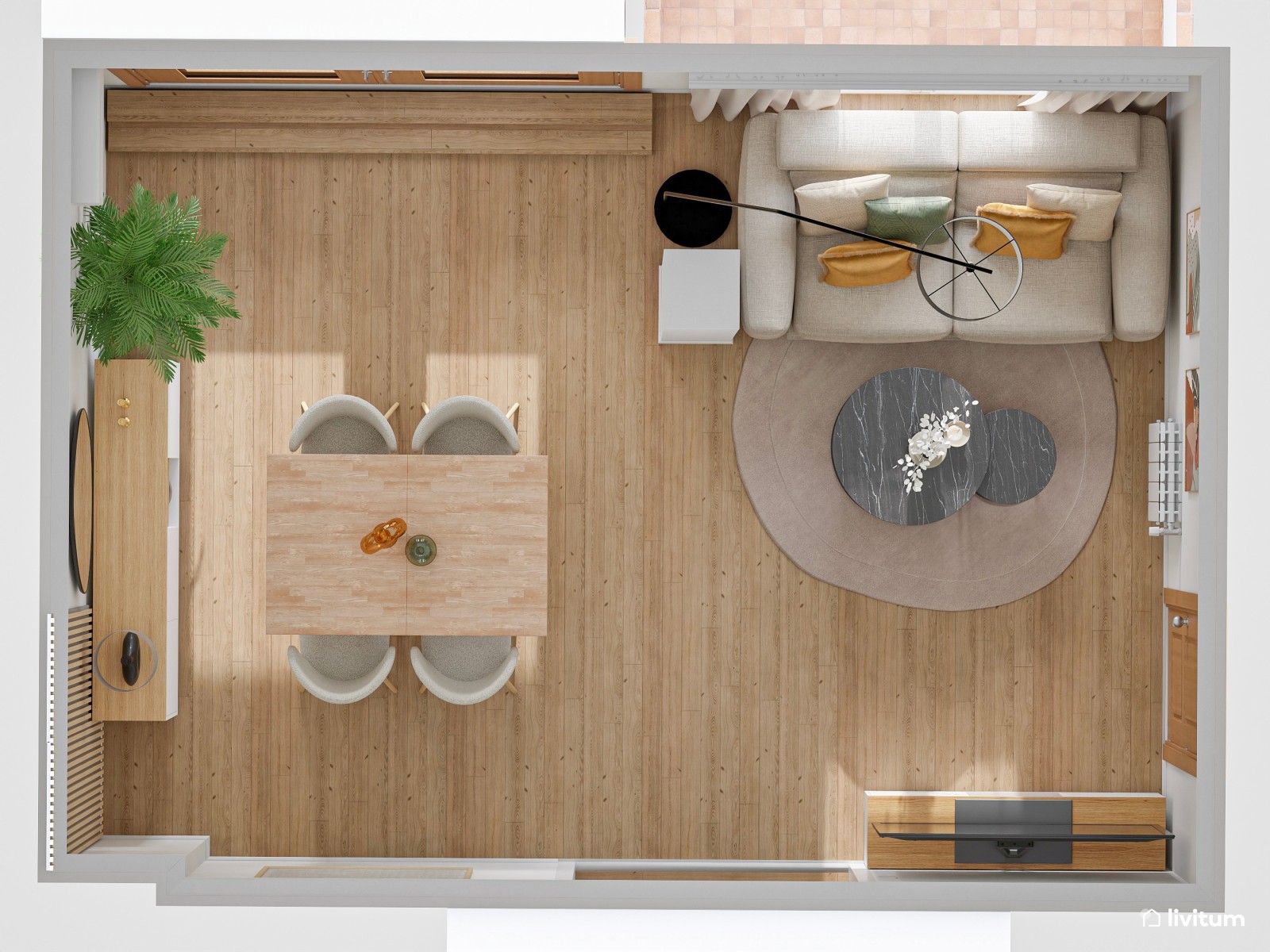 Salón comedor de tonos tierra con listones de madera