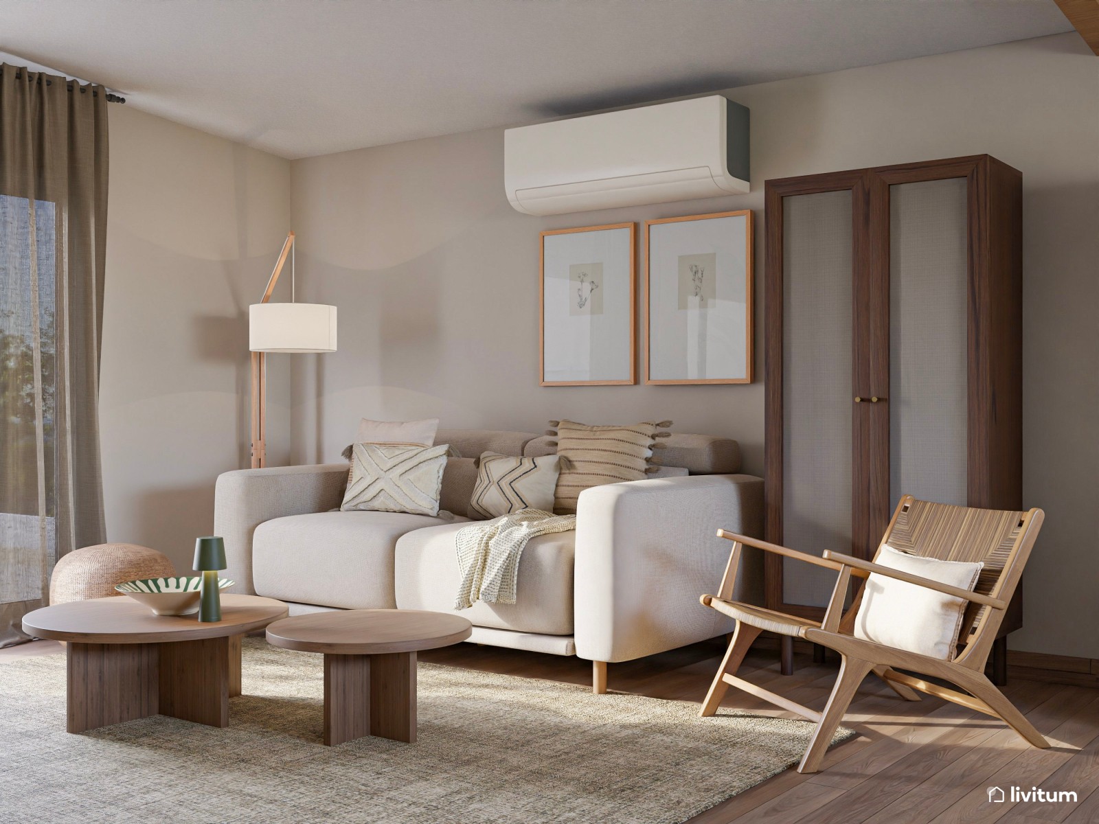 Salón comedor de tonos tierra con madera de color nogal