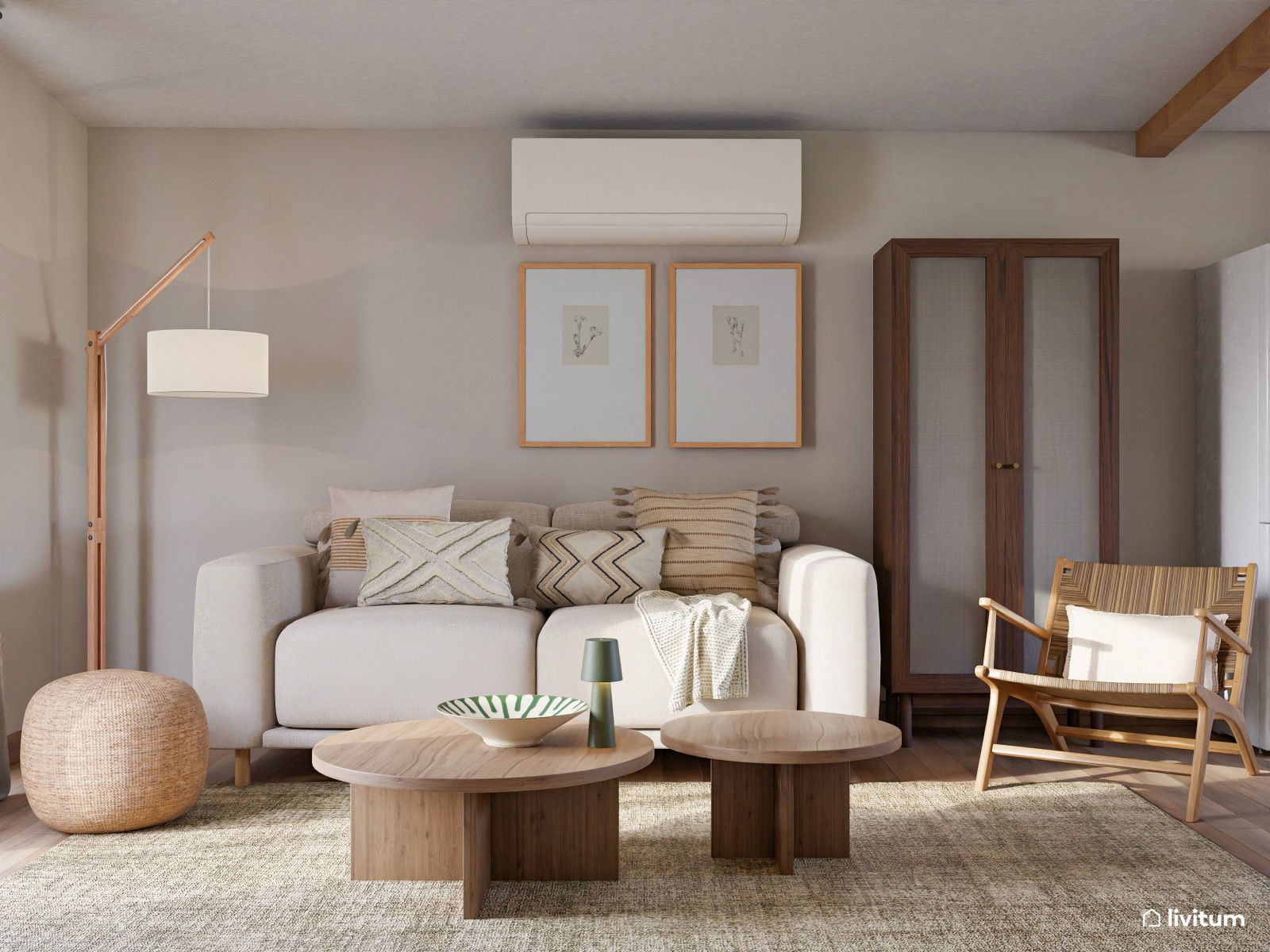 Salón comedor de tonos tierra con madera de color nogal