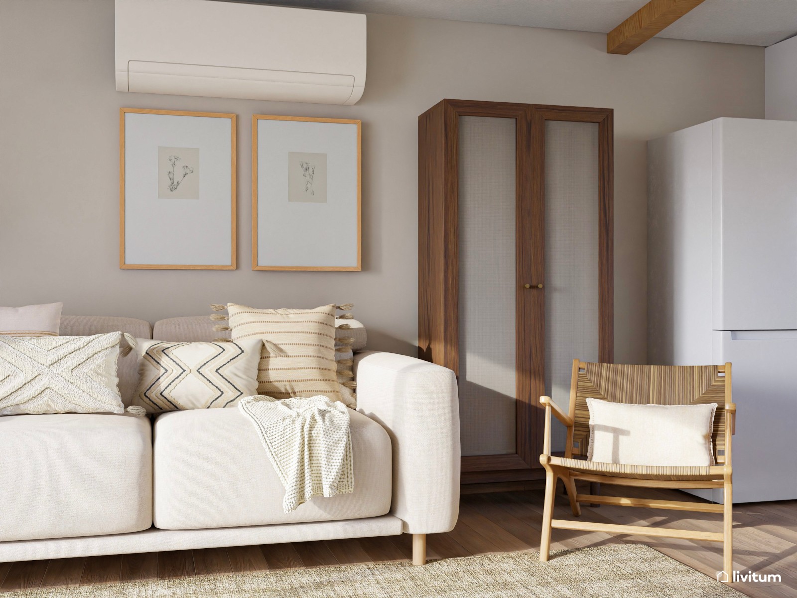 Salón comedor de tonos tierra con madera de color nogal