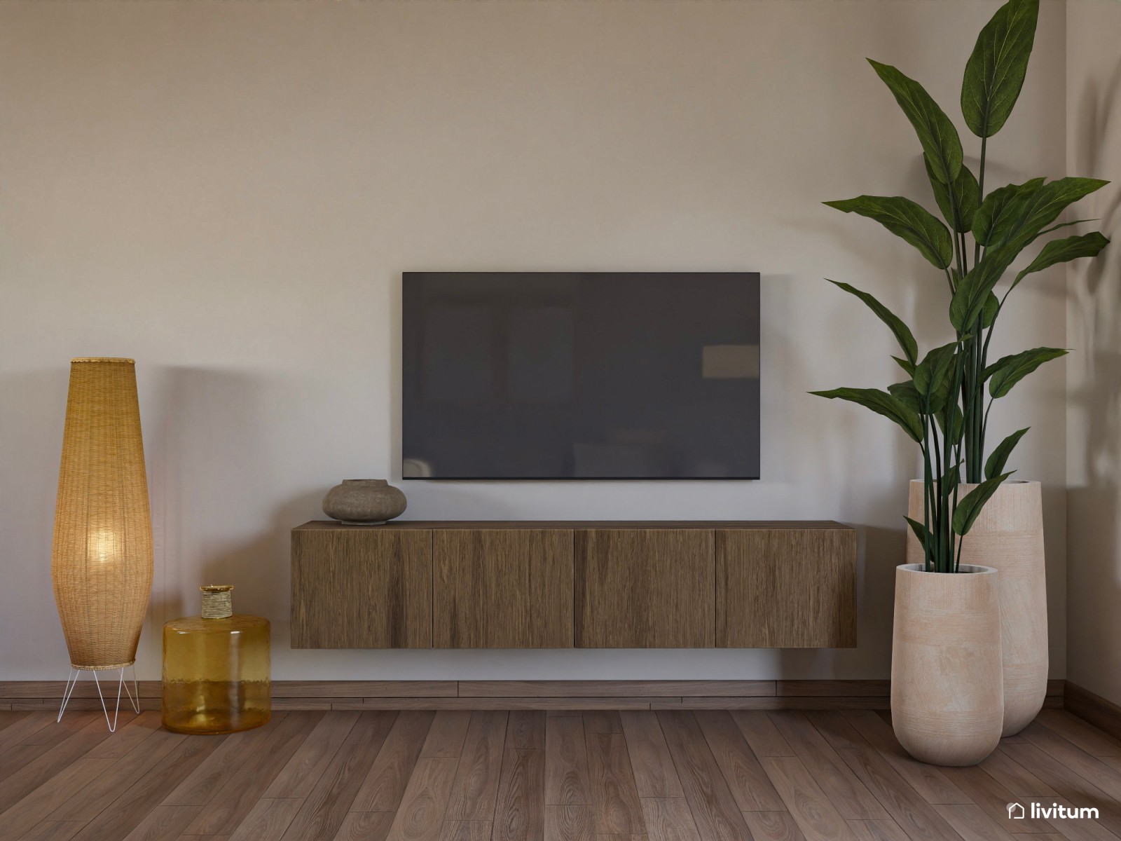 Salón comedor de tonos tierra con madera de color nogal