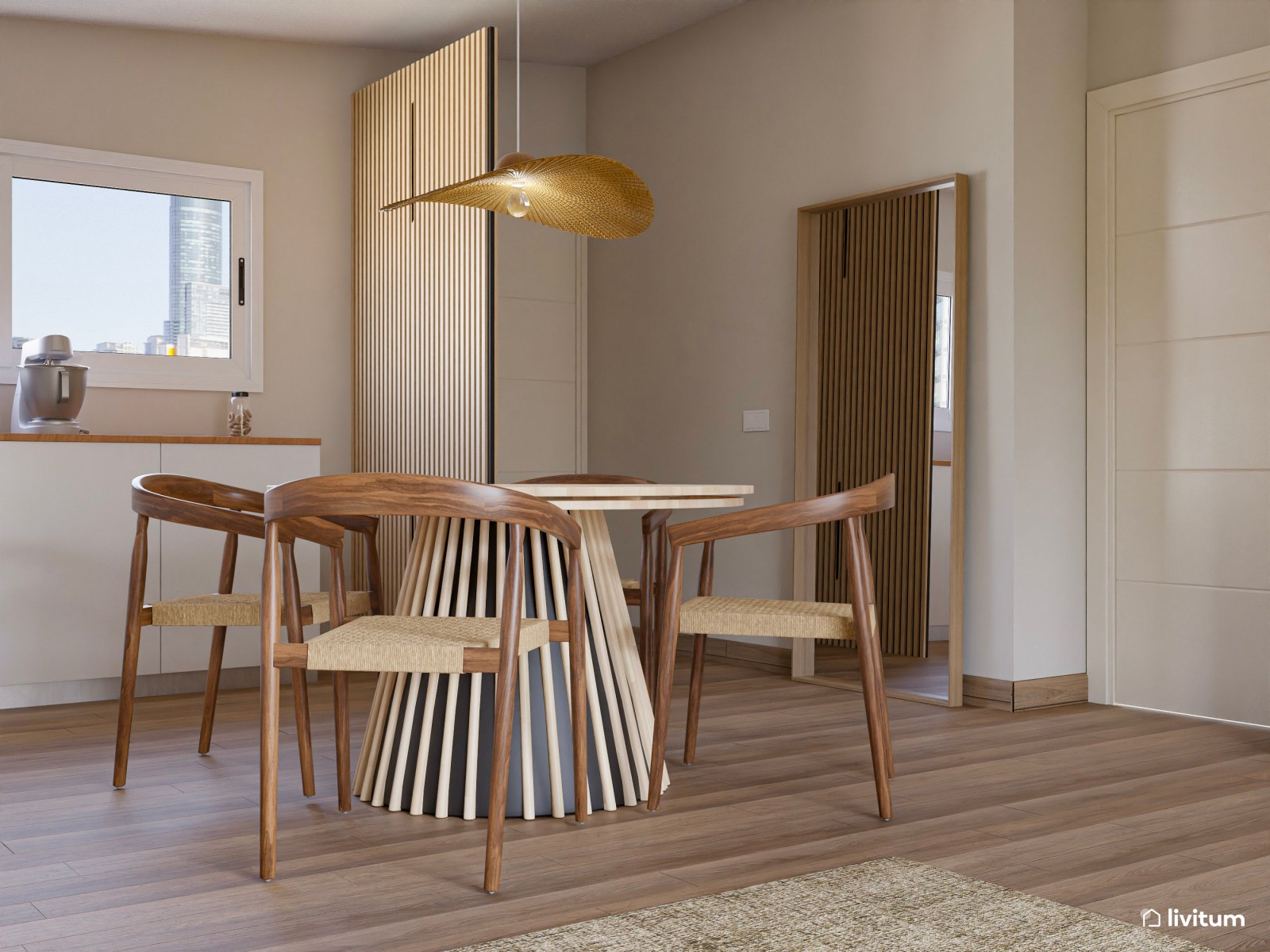 Salón comedor de tonos tierra con madera de color nogal