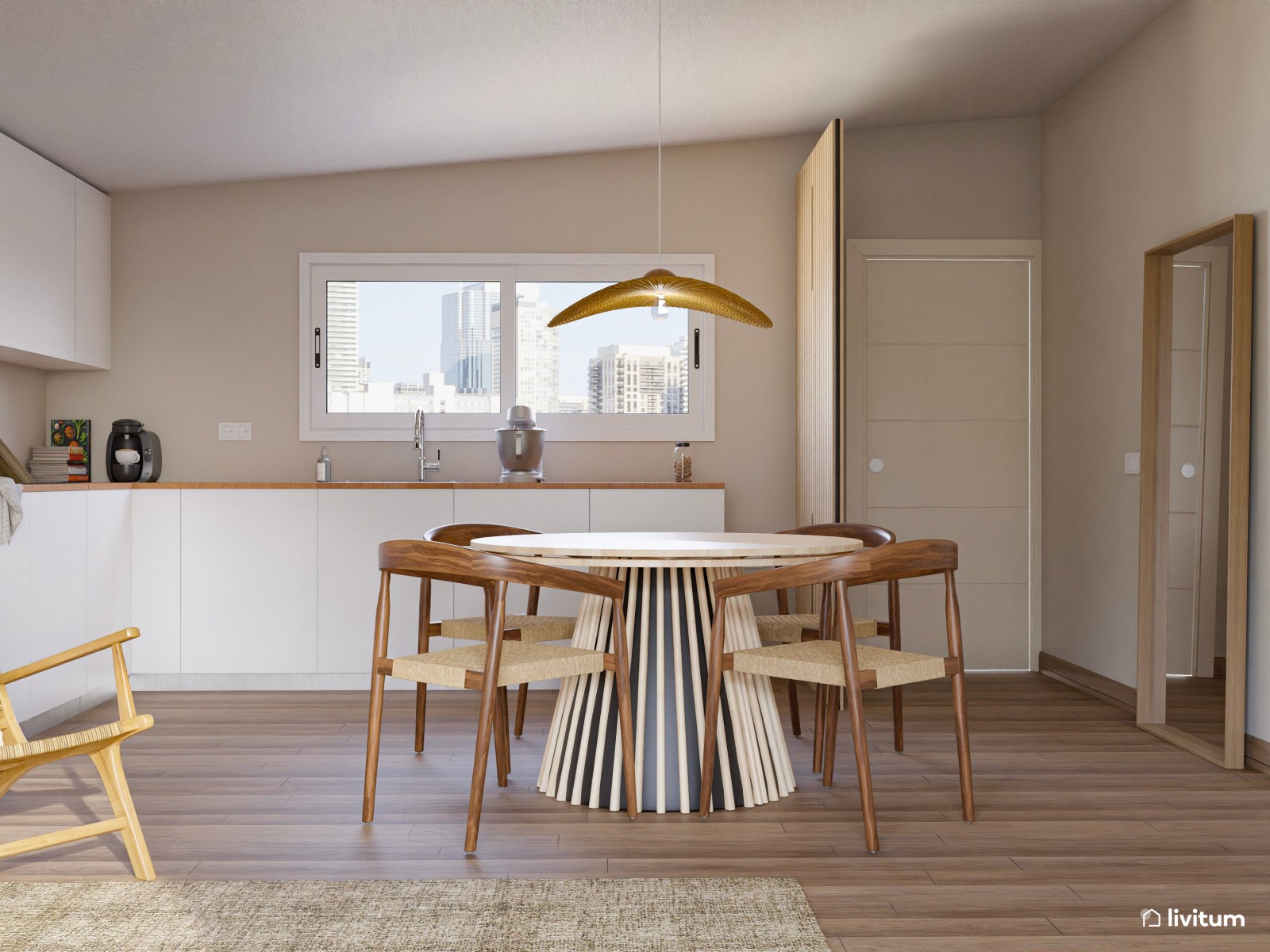 Salón comedor de tonos tierra con madera de color nogal