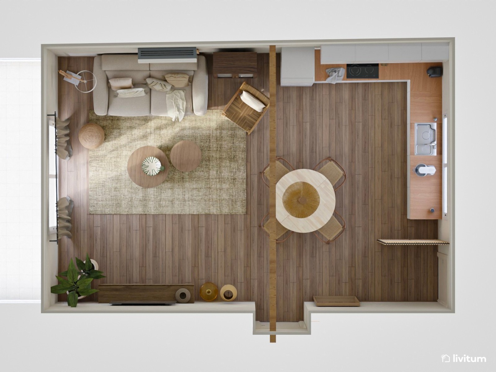 Salón comedor de tonos tierra con madera de color nogal