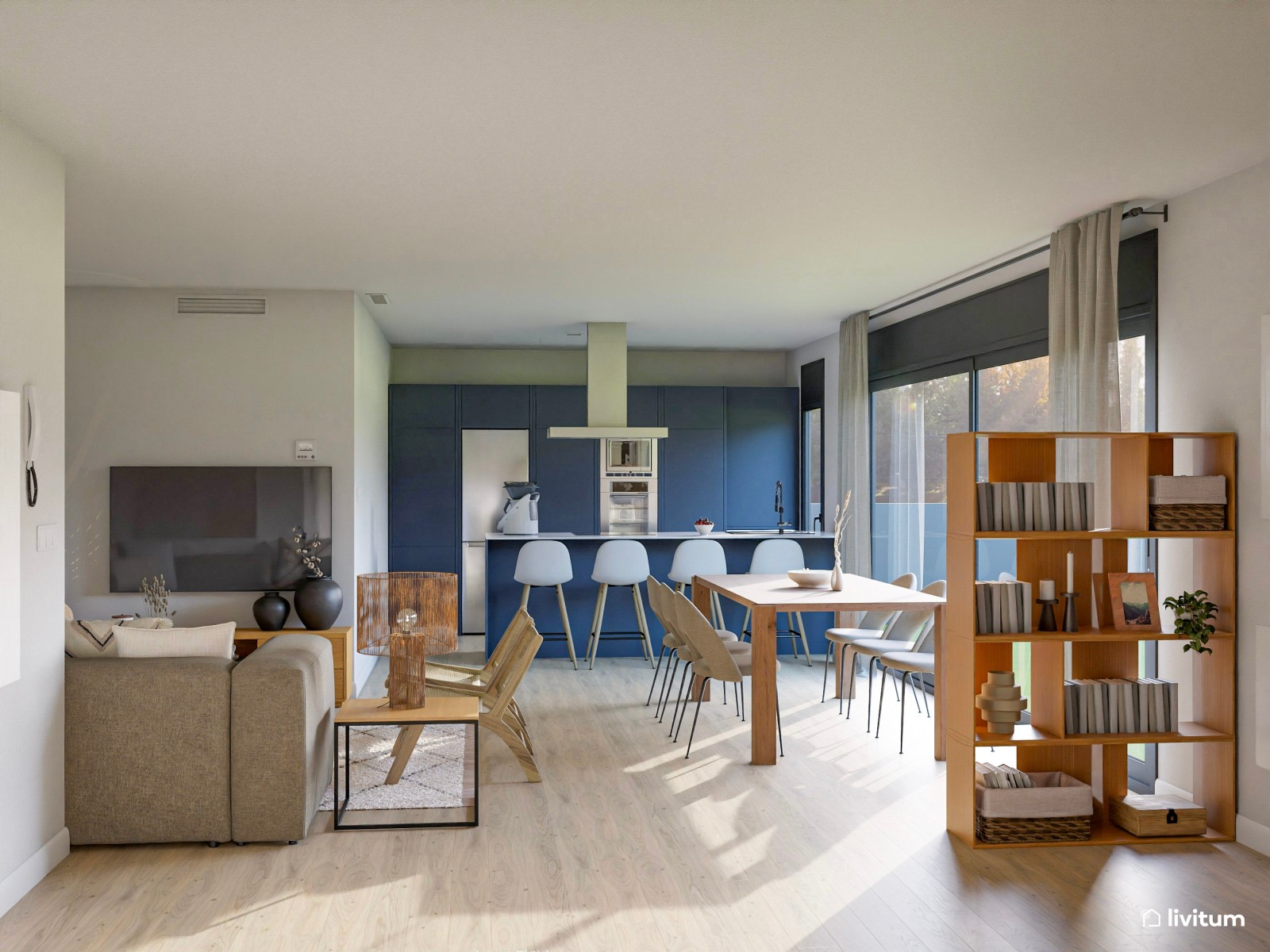 Salón comedor ecléctico y amplio con cocina azul 