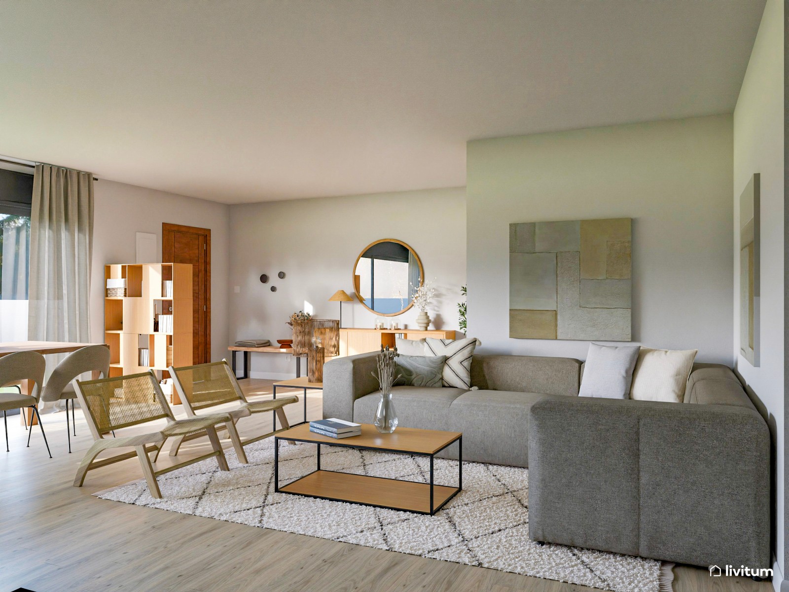Salón comedor ecléctico y amplio con cocina azul 