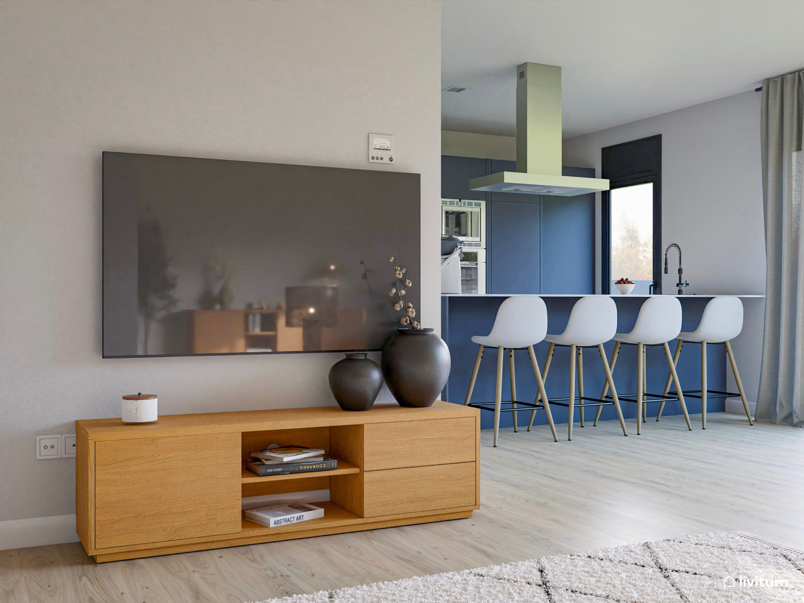 Salón comedor ecléctico y amplio con cocina azul 