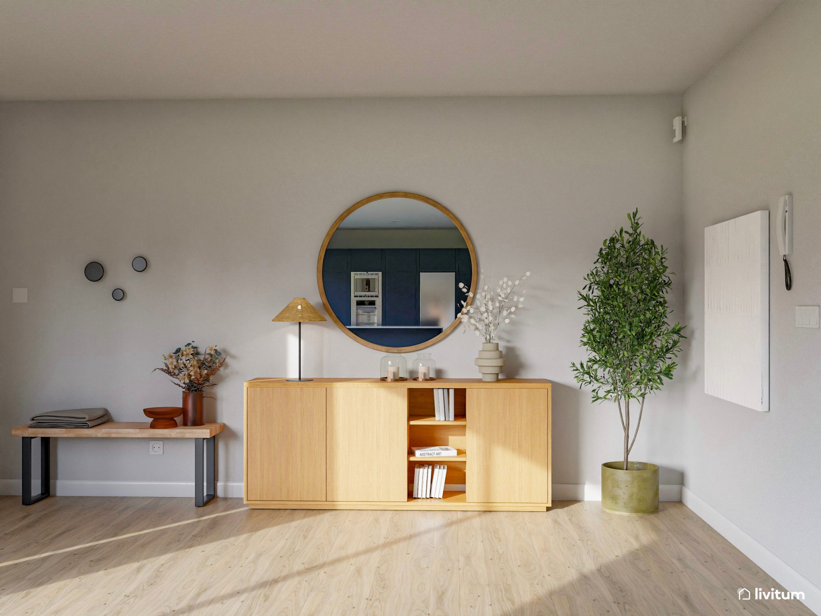Salón comedor ecléctico y amplio con cocina azul 