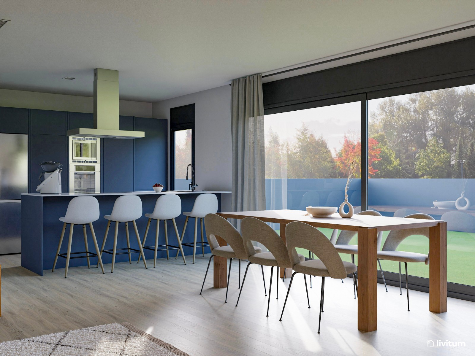 Salón comedor ecléctico y amplio con cocina azul 