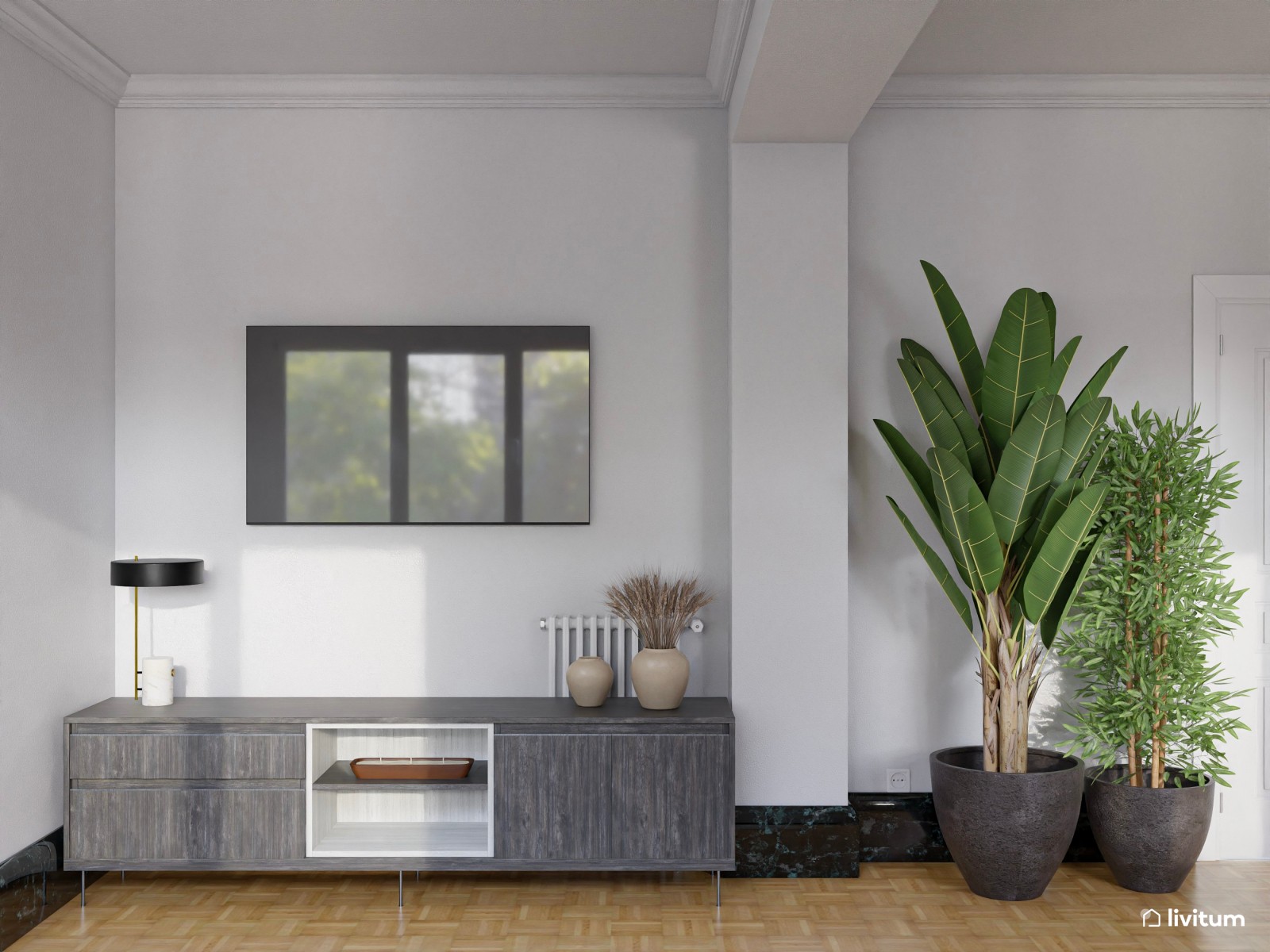 Salón comedor elegante con mesa de madera con patas negras y sillas verdes 