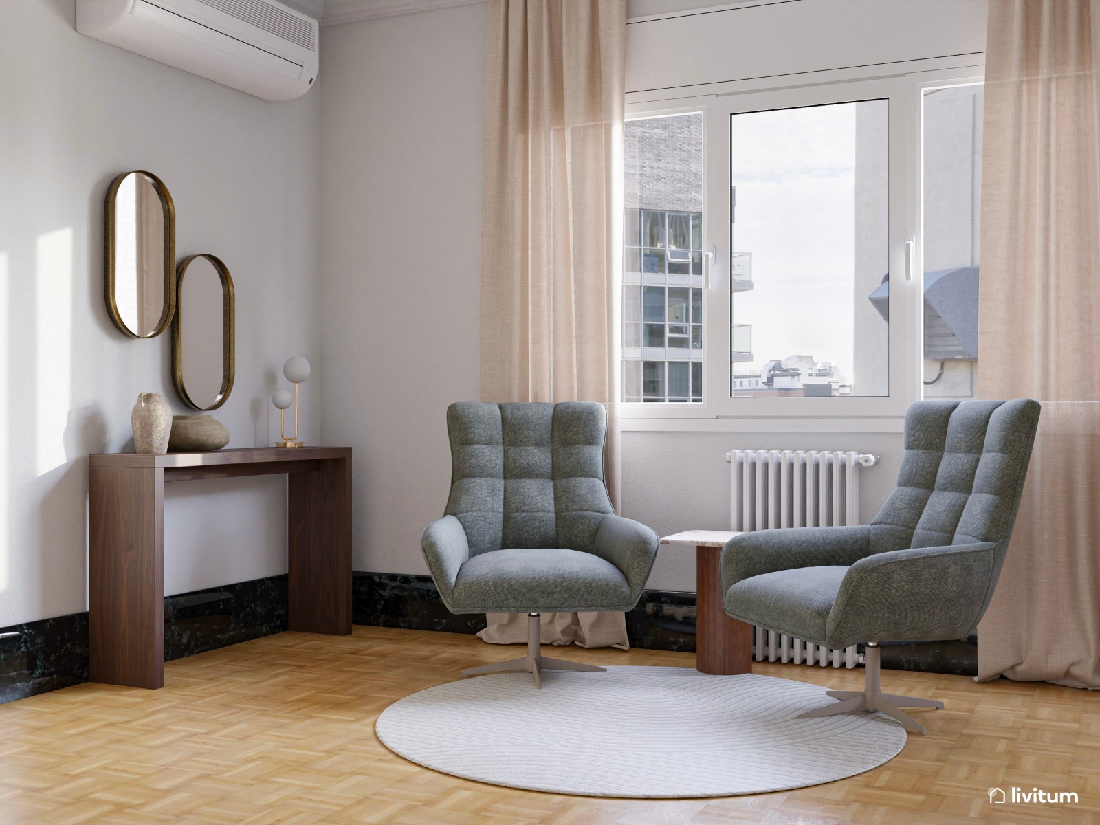 Salón comedor elegante con mesa de madera con patas negras y sillas verdes 