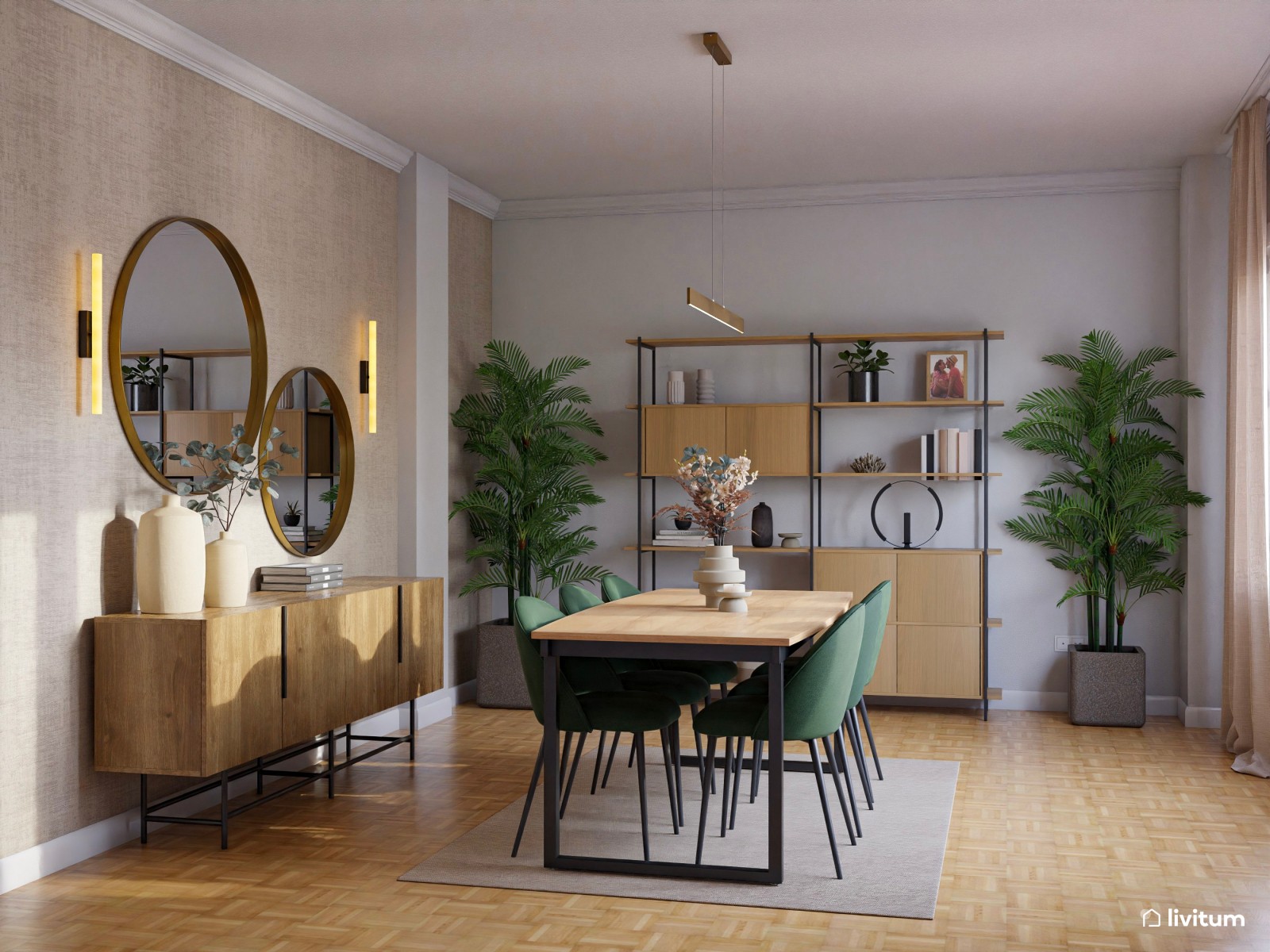 Salón comedor elegante con mesa de madera con patas negras y sillas verdes 