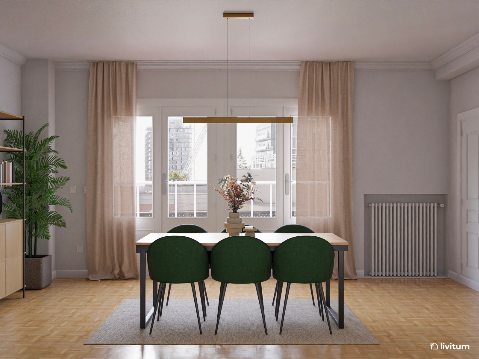 Salón comedor elegante con mesa de madera con patas negras y sillas verdes 