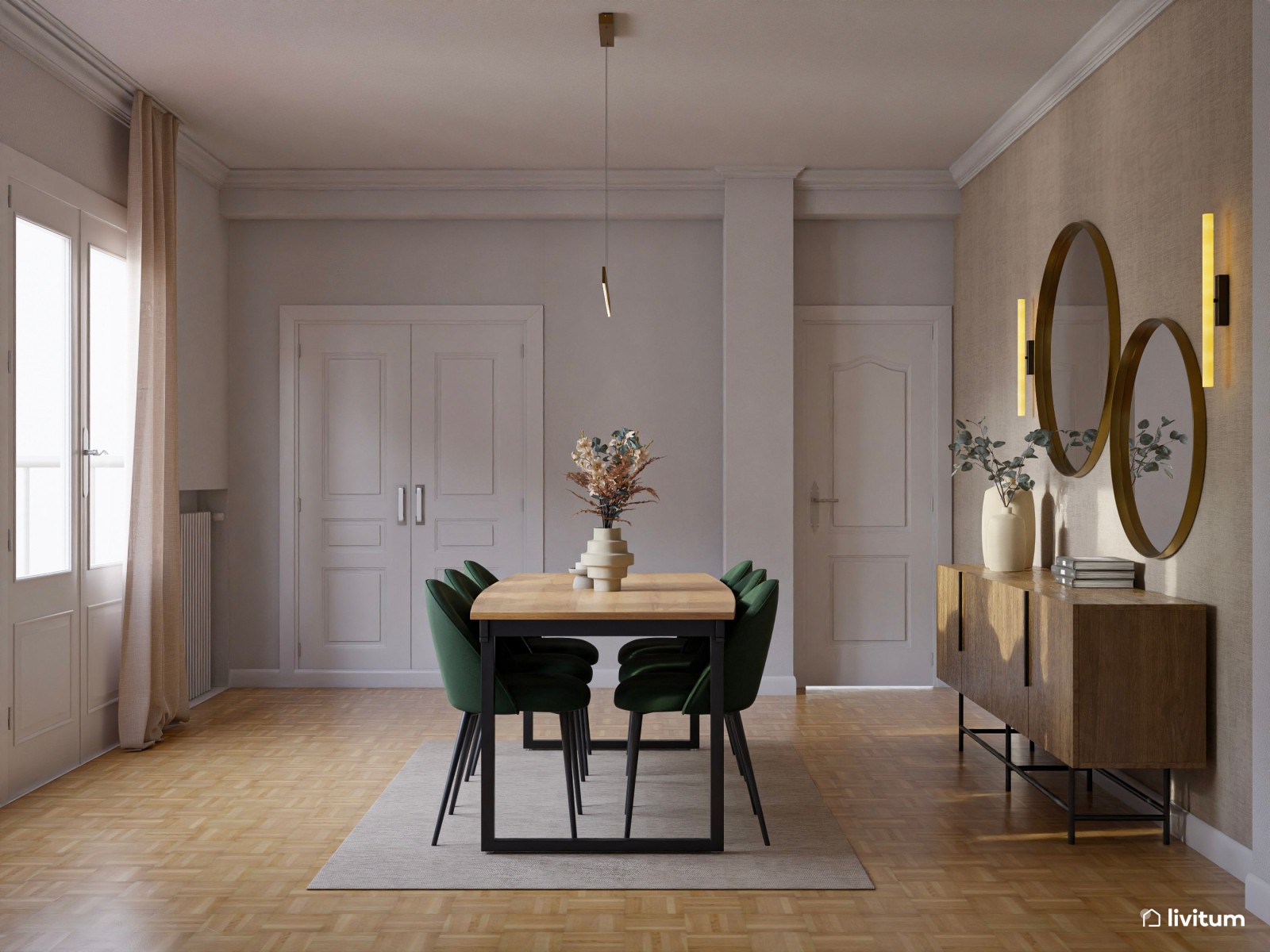Salón comedor elegante con mesa de madera con patas negras y sillas verdes 