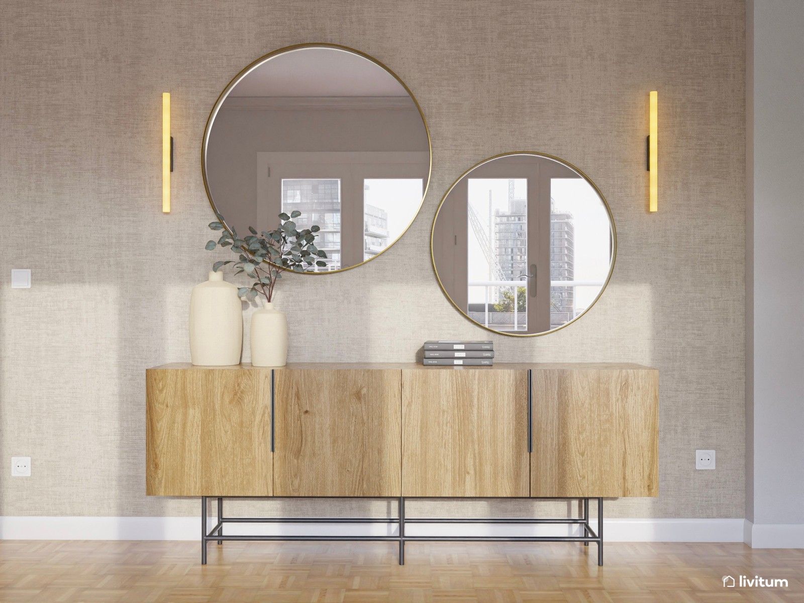 Salón comedor elegante con mesa de madera con patas negras y sillas verdes 