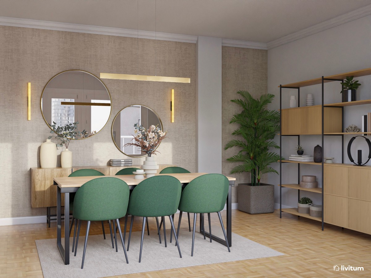 Salón comedor elegante con mesa de madera con patas negras y sillas verdes