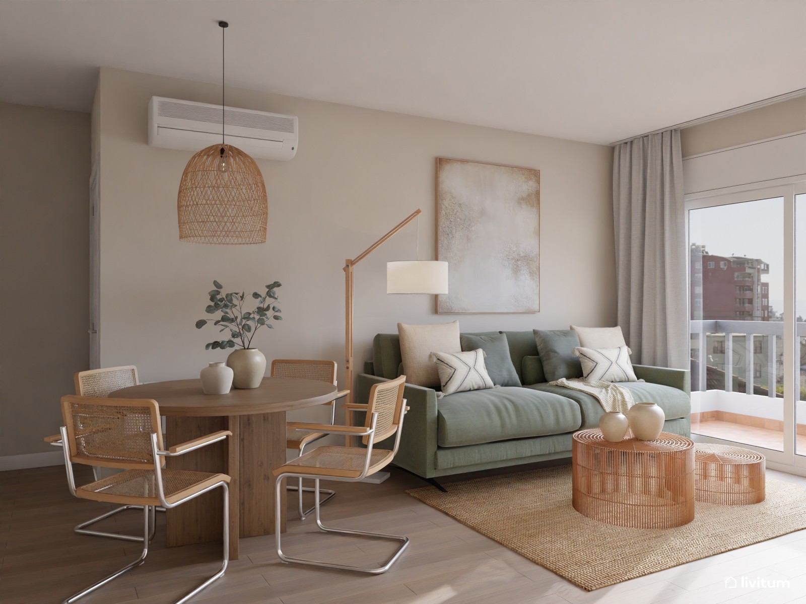 Salón comedor elegante en madera, fibras naturales y sofá de color verde 