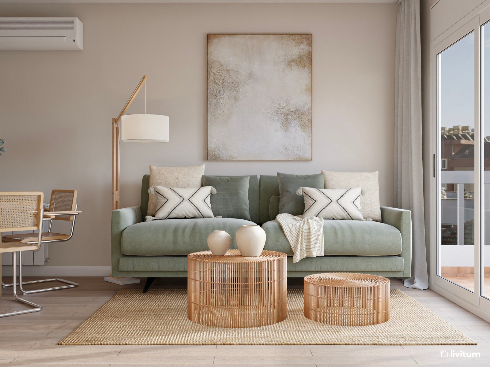 Salón comedor elegante en madera, fibras naturales y sofá de color verde 