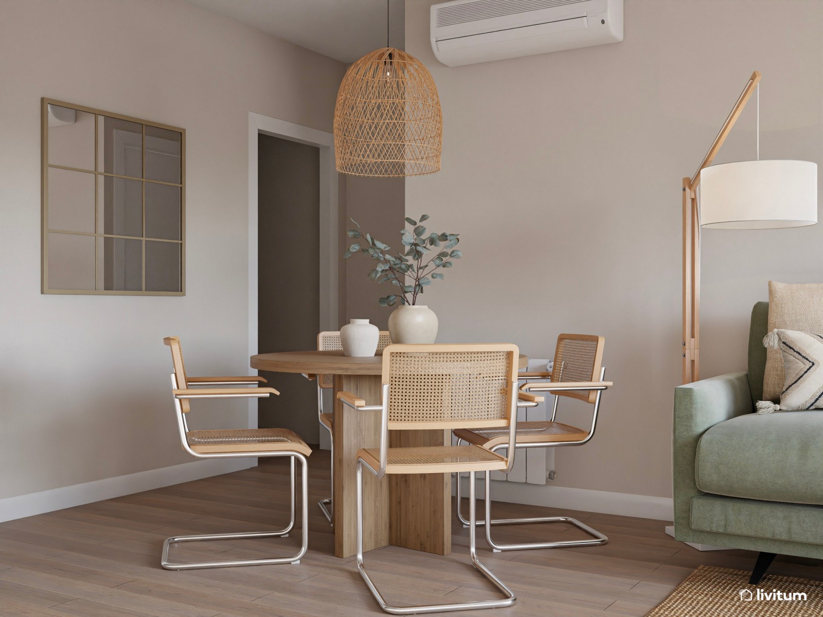 Salón comedor elegante en madera, fibras naturales y sofá de color verde 