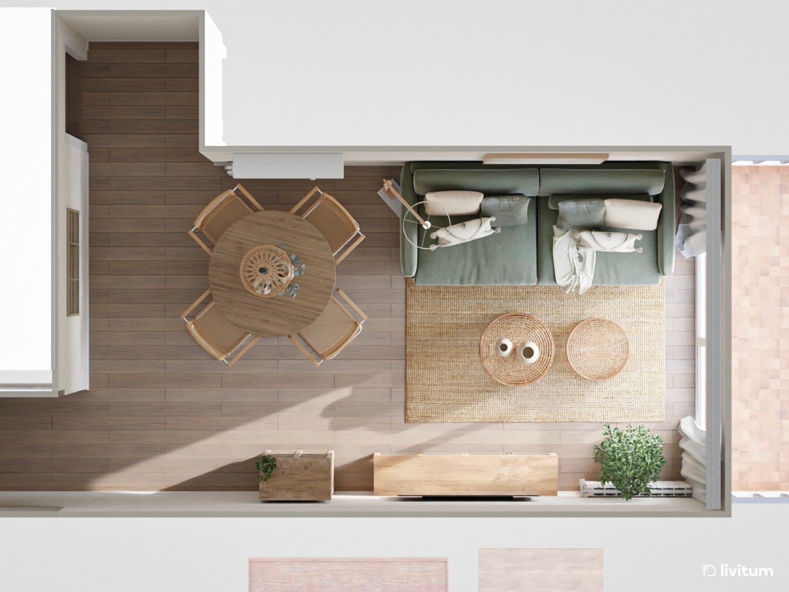 Salón comedor elegante en madera, fibras naturales y sofá de color verde 