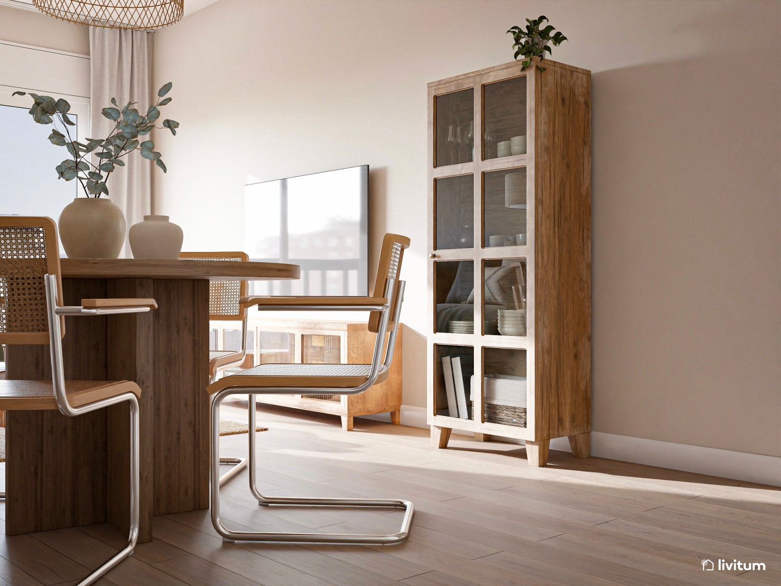 Salón comedor elegante en madera, fibras naturales y sofá de color verde 