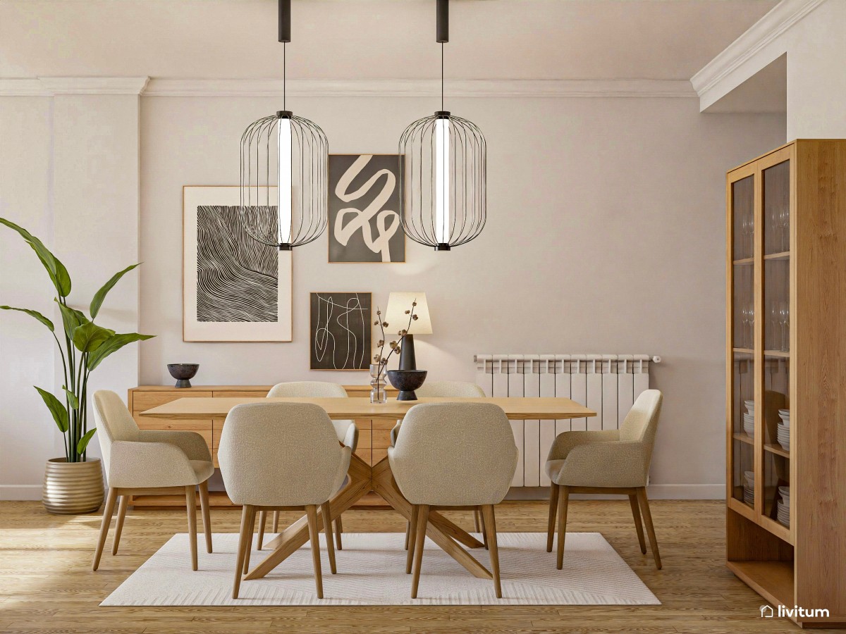 Salón comedor elegante en madera y tonos claros