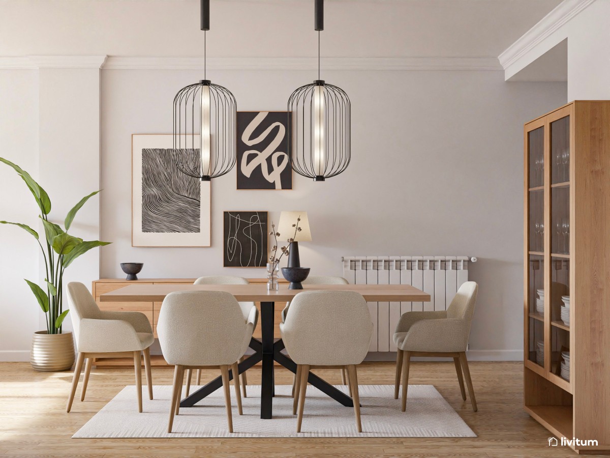Salón comedor elegante en madera y tonos claros
